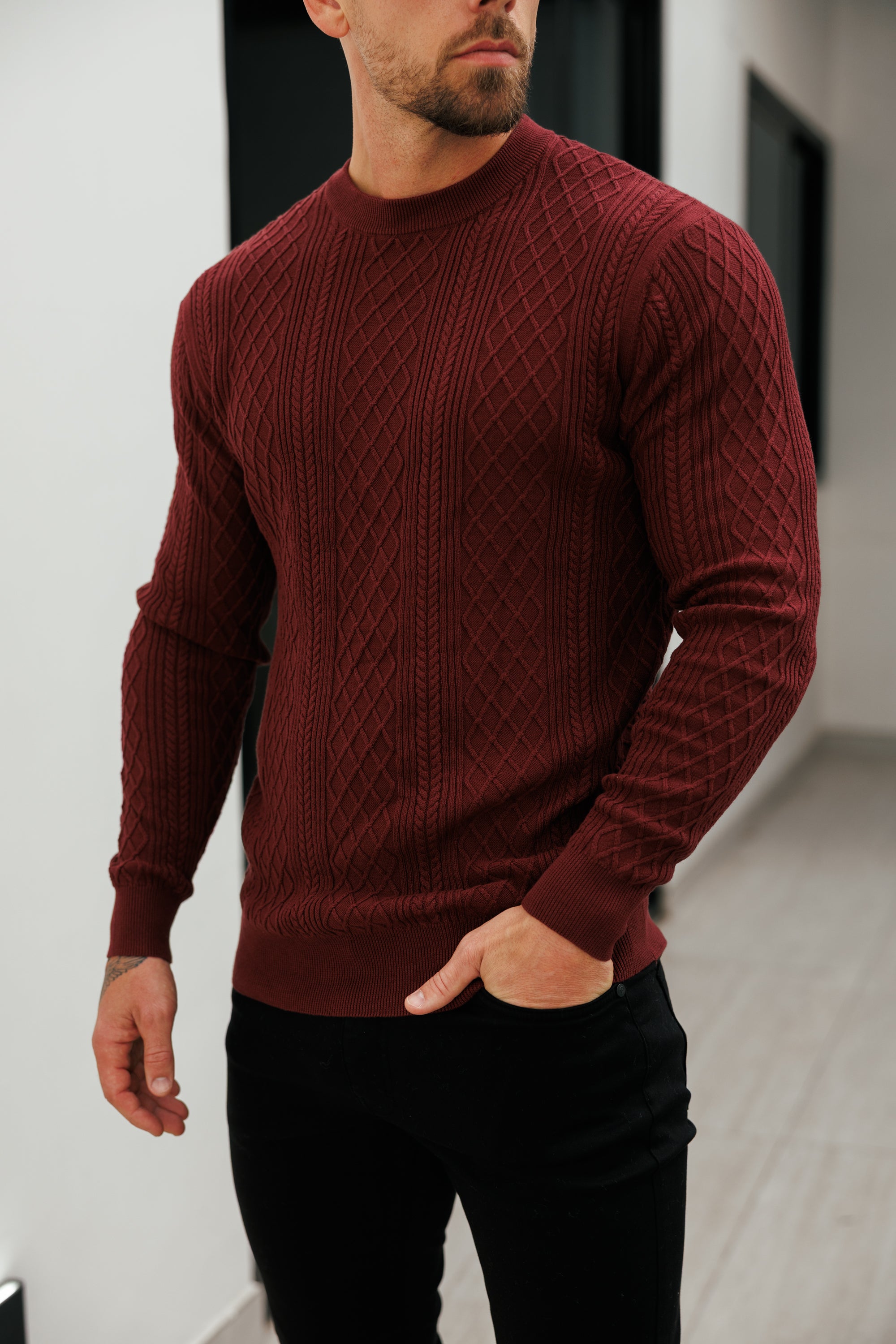 Fine Knit Diamond Burgundy Jumper Long Sleeve  -  FSA008