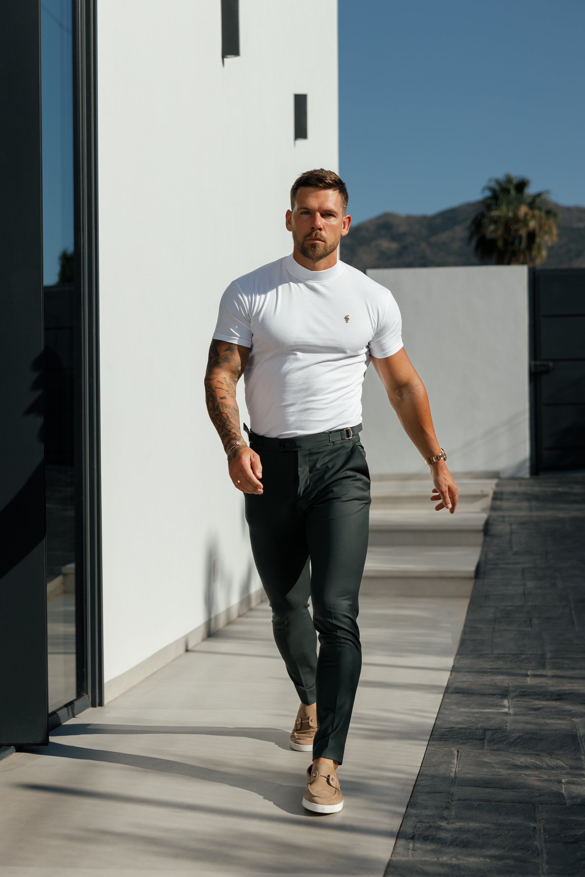 Ribbed High Neck Crew Short Sleeve White / Gold  - FSH1006