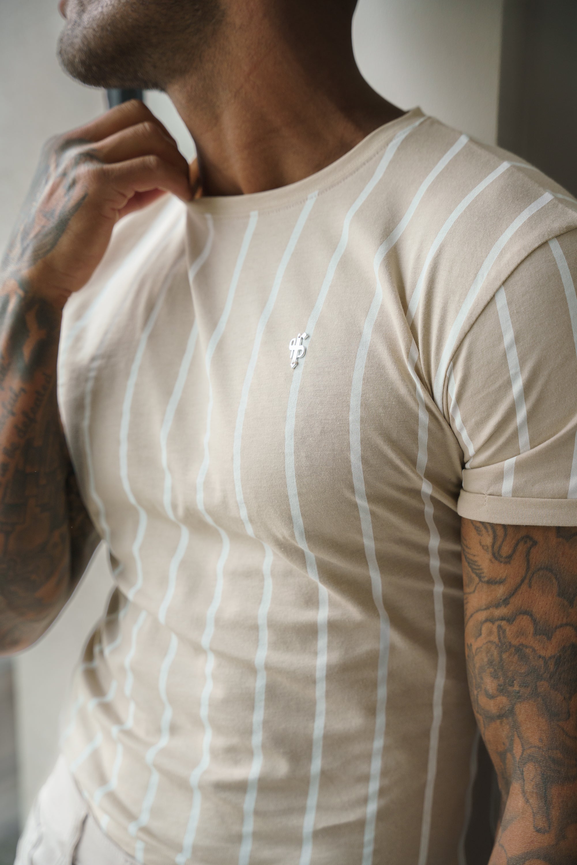 Printed Taupe / White Stripe Fitted T Shirt - FSH1170