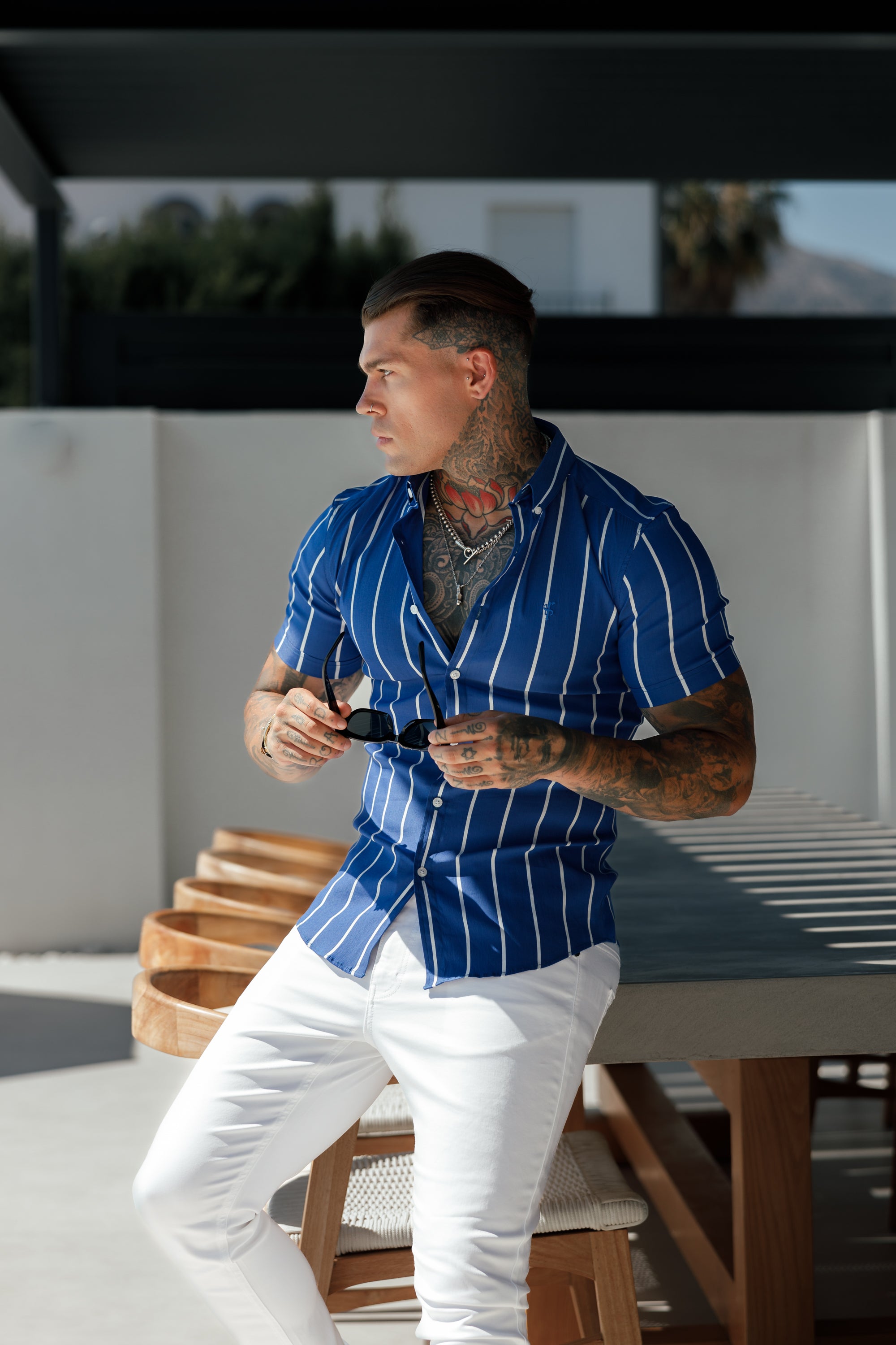 Super Slim Stretch Ocean Blue Printed Wide Stripe Short Sleeve with Button Down Collar - FS1056