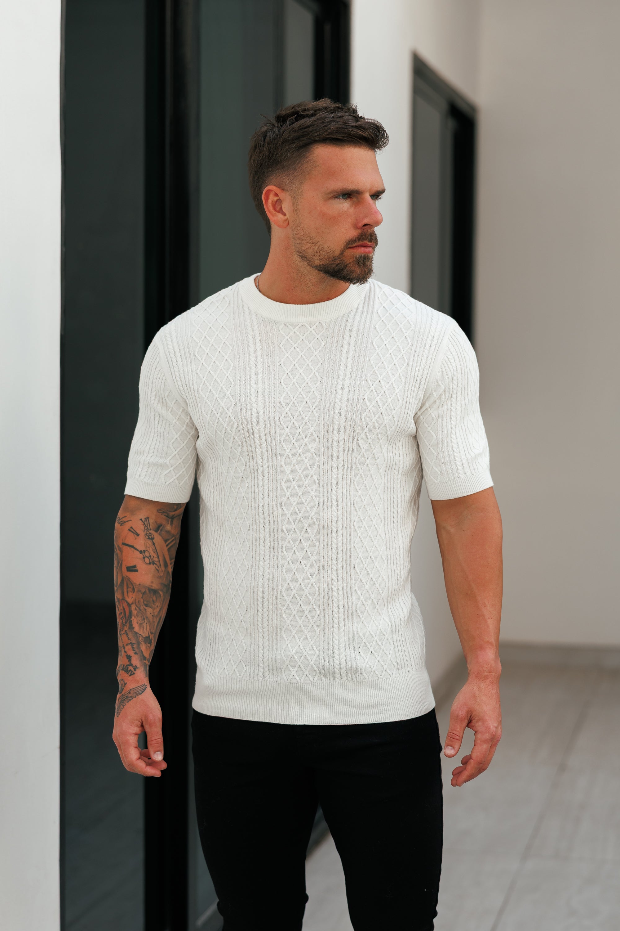 Fine Knit Diamond Off White Jumper Short Sleeve  -  FSA009
