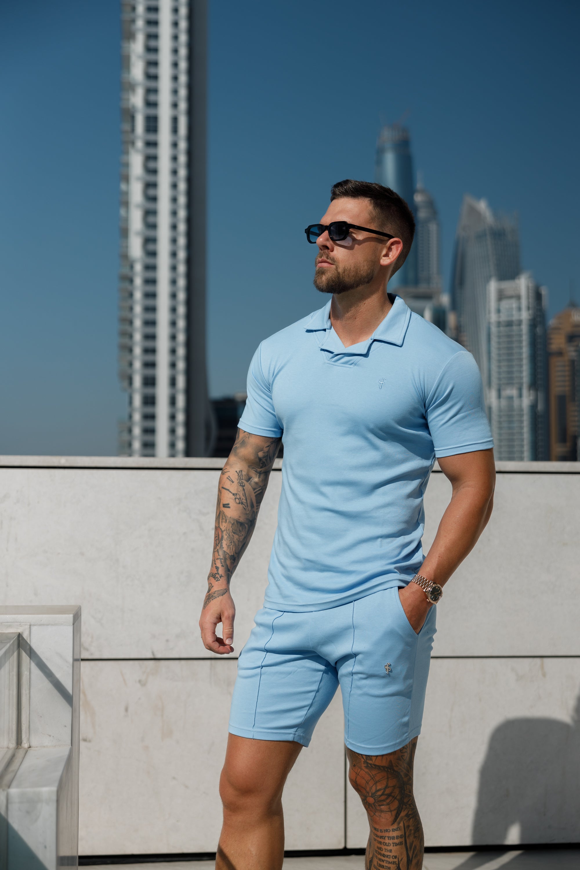 Classic Baby Blue Polo Shirt With Revere Collar - FSH1064