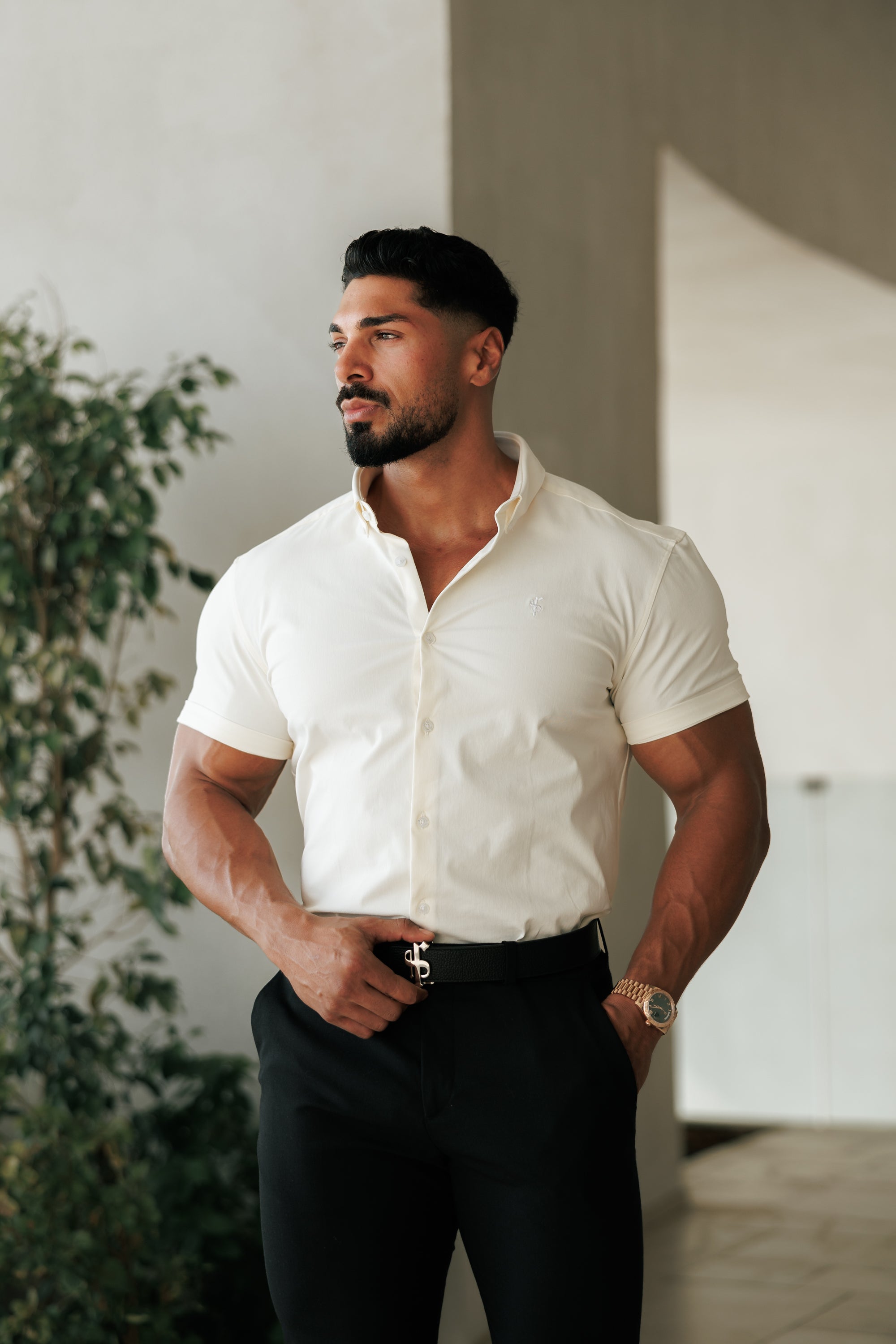 Super Slim Cream SS With Button Down Collar Short Sleeve - FS1099