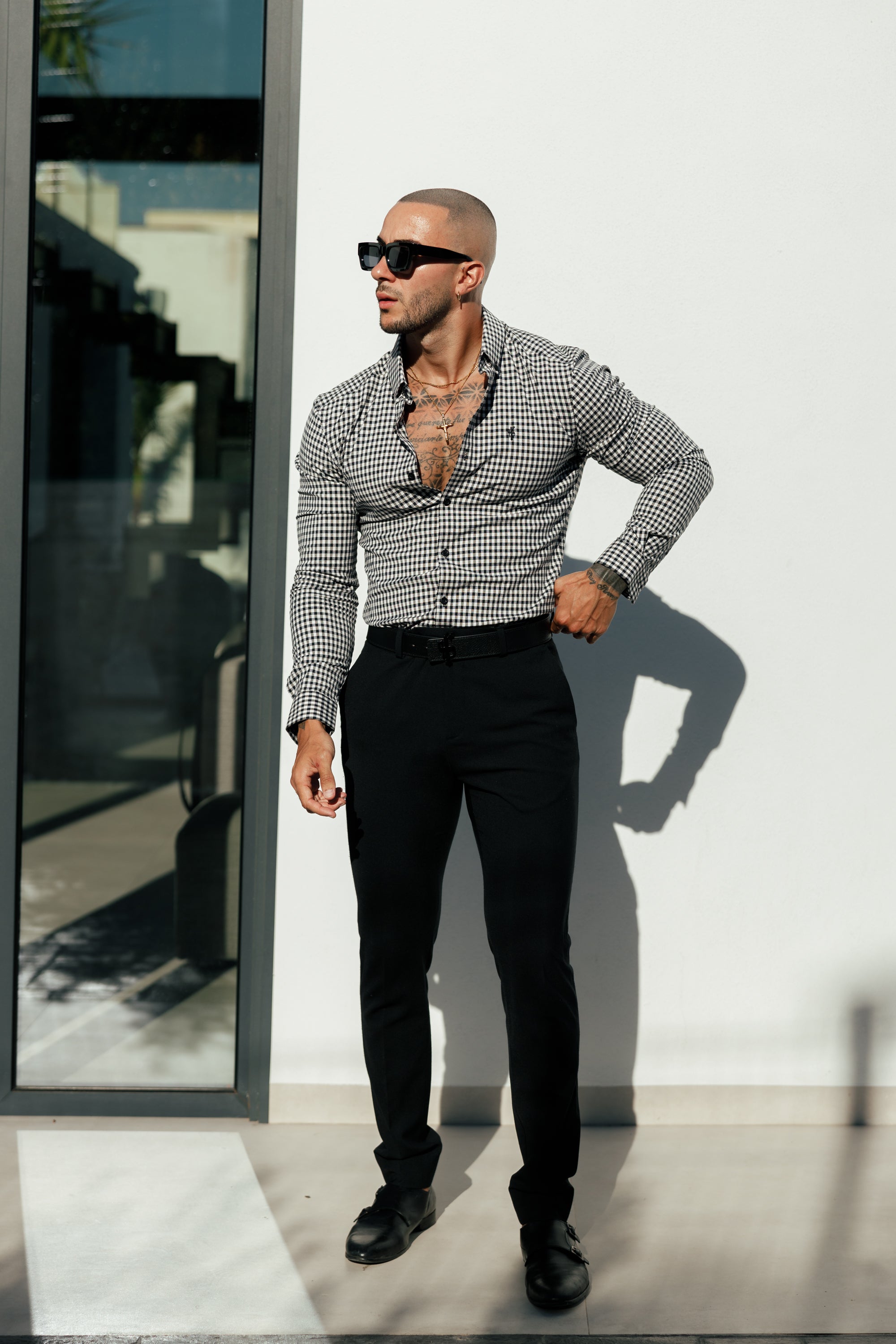 Super Slim Stretch White / Black Check Long Sleeve with Button Down Collar - FS1069
