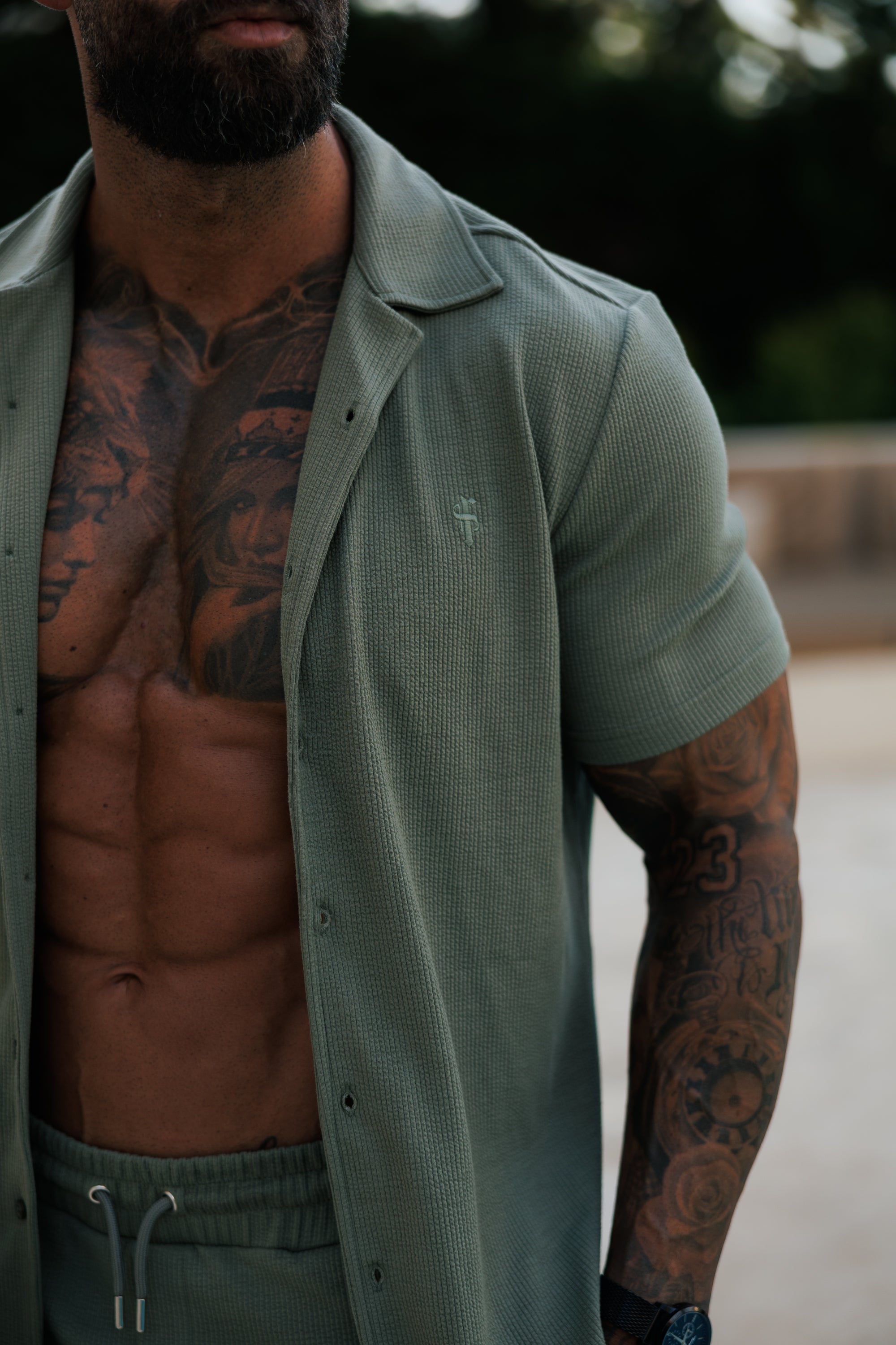 Jersey Cord Stretch Olive Revere Shirt Short Sleeve - FSR072