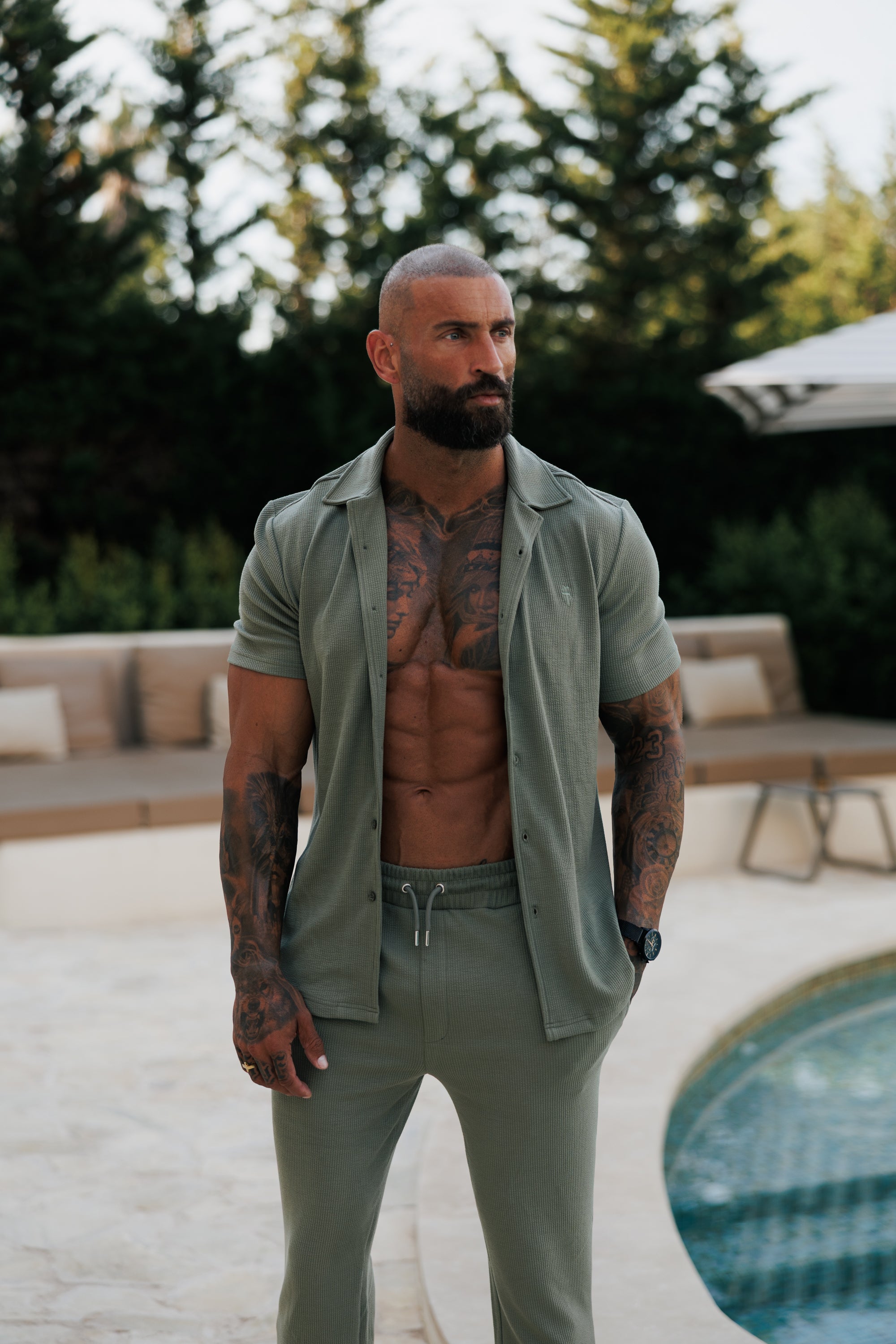 Jersey Cord Stretch Olive Revere Shirt Short Sleeve - FSR072
