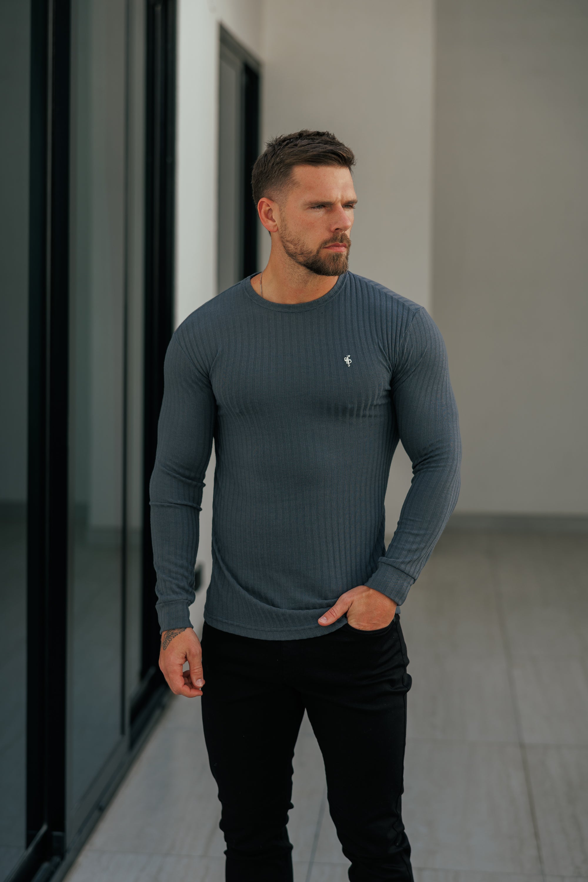Father Sons Classic Charcoal Ribbed Knit Sweater With Silver Metal Emblem - FSH947