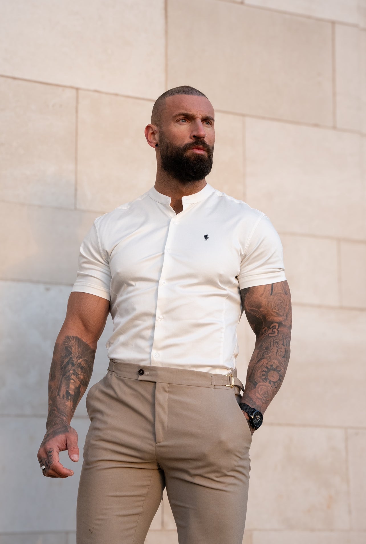 Super Slim Stretch Off White Side Panel Shirt Grandad Collar SS - FS1140