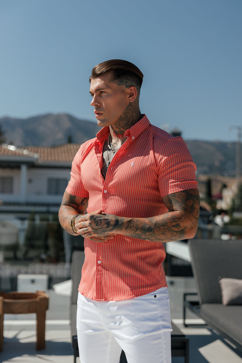 Father Sons Super Slim Stretch Coral Printed Pinstripe Short Sleeve with Button Down Collar - FS1062