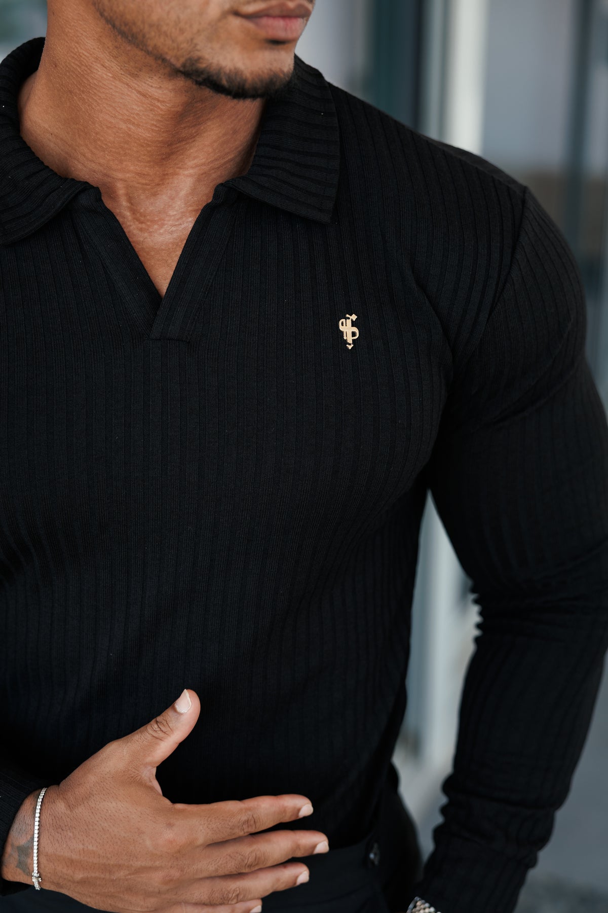 Black / Gold Metal Emblem Ribbed Revere Polo Shirt Long Sleeve - FSH1429