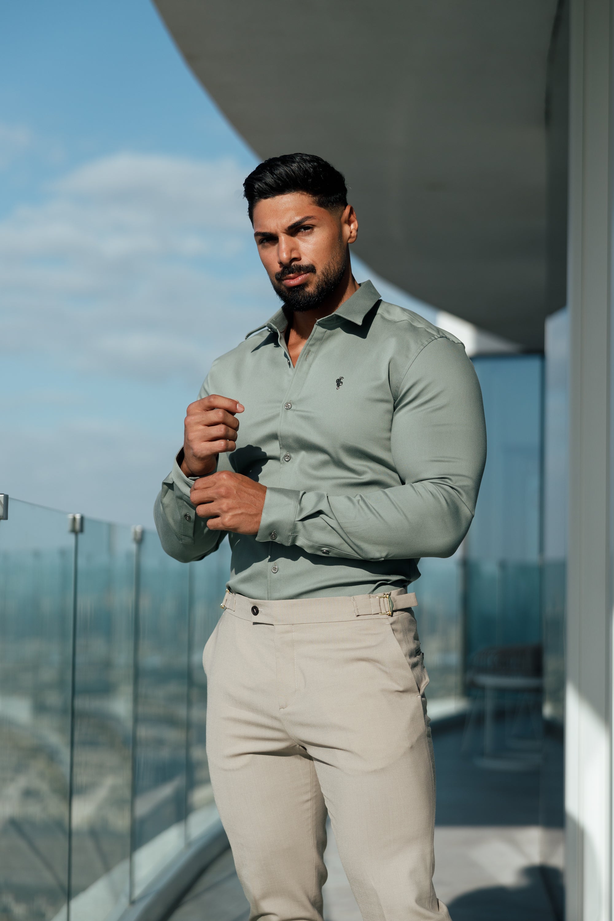 Super Slim Stretch Sage Green Denim Long Sleeve With Metal Buttons and Decal - FS1020