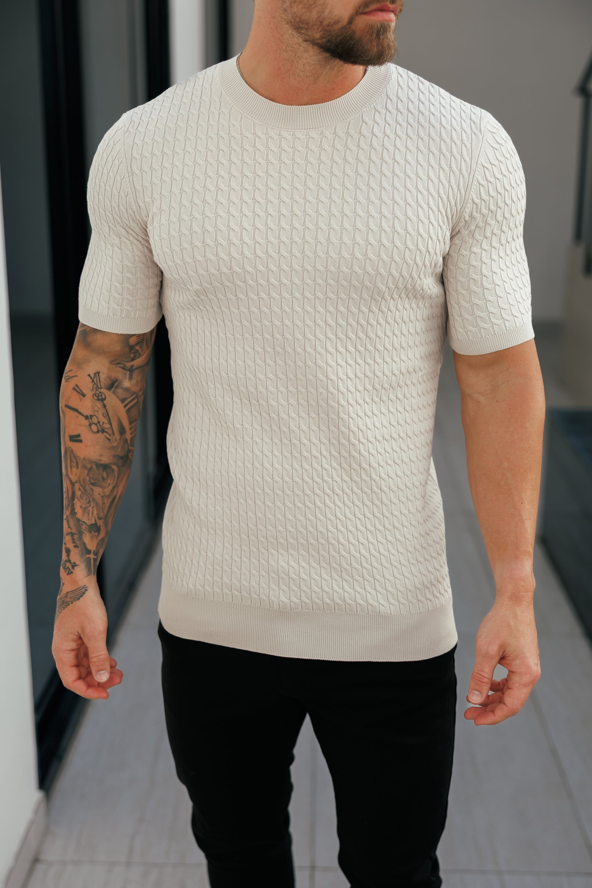 Front Chain Knit Crew Tshirt Cream Short Sleeve  -  FSR057