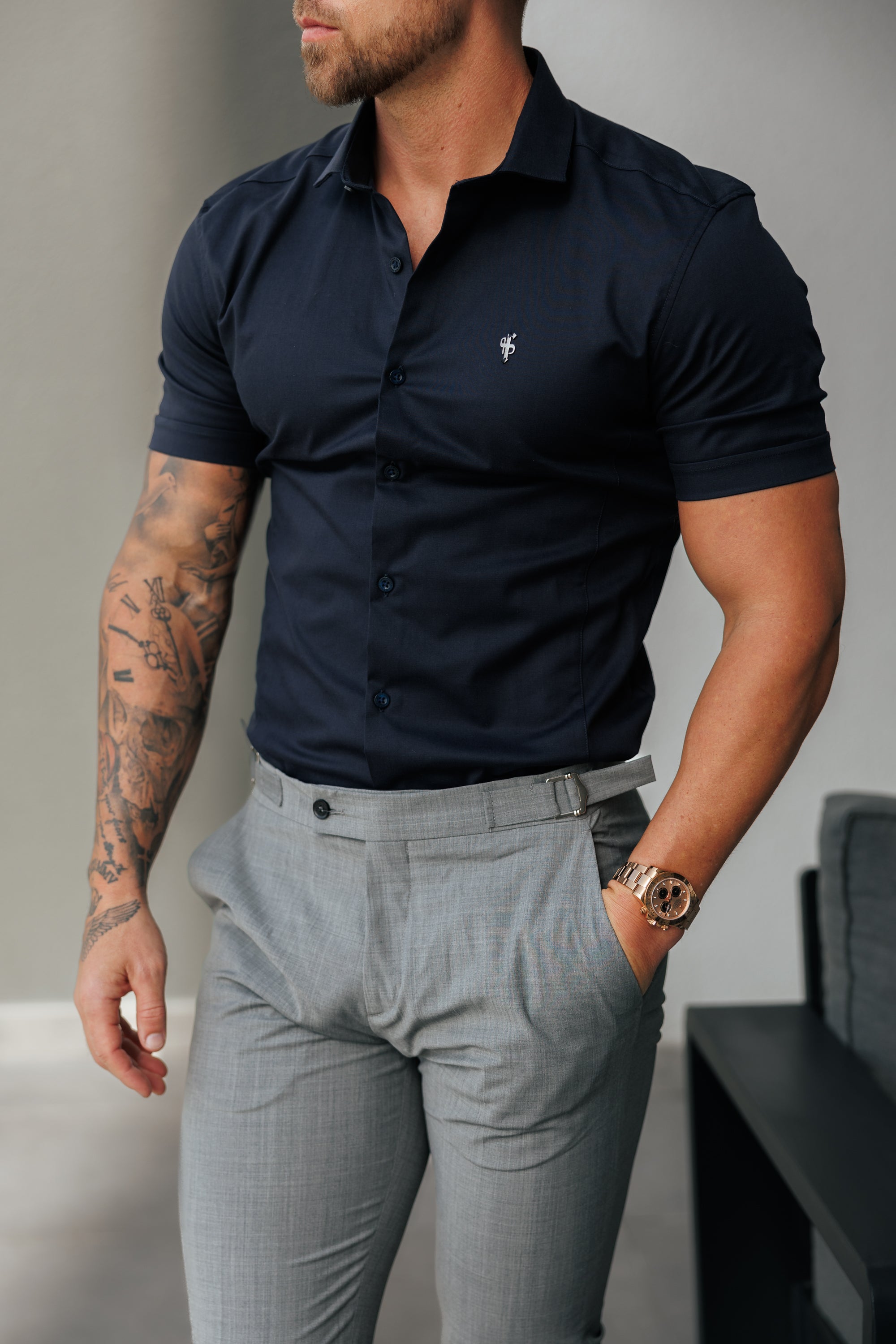 Super Slim Stretch Navy Side Panel Shirt SS - FS1139