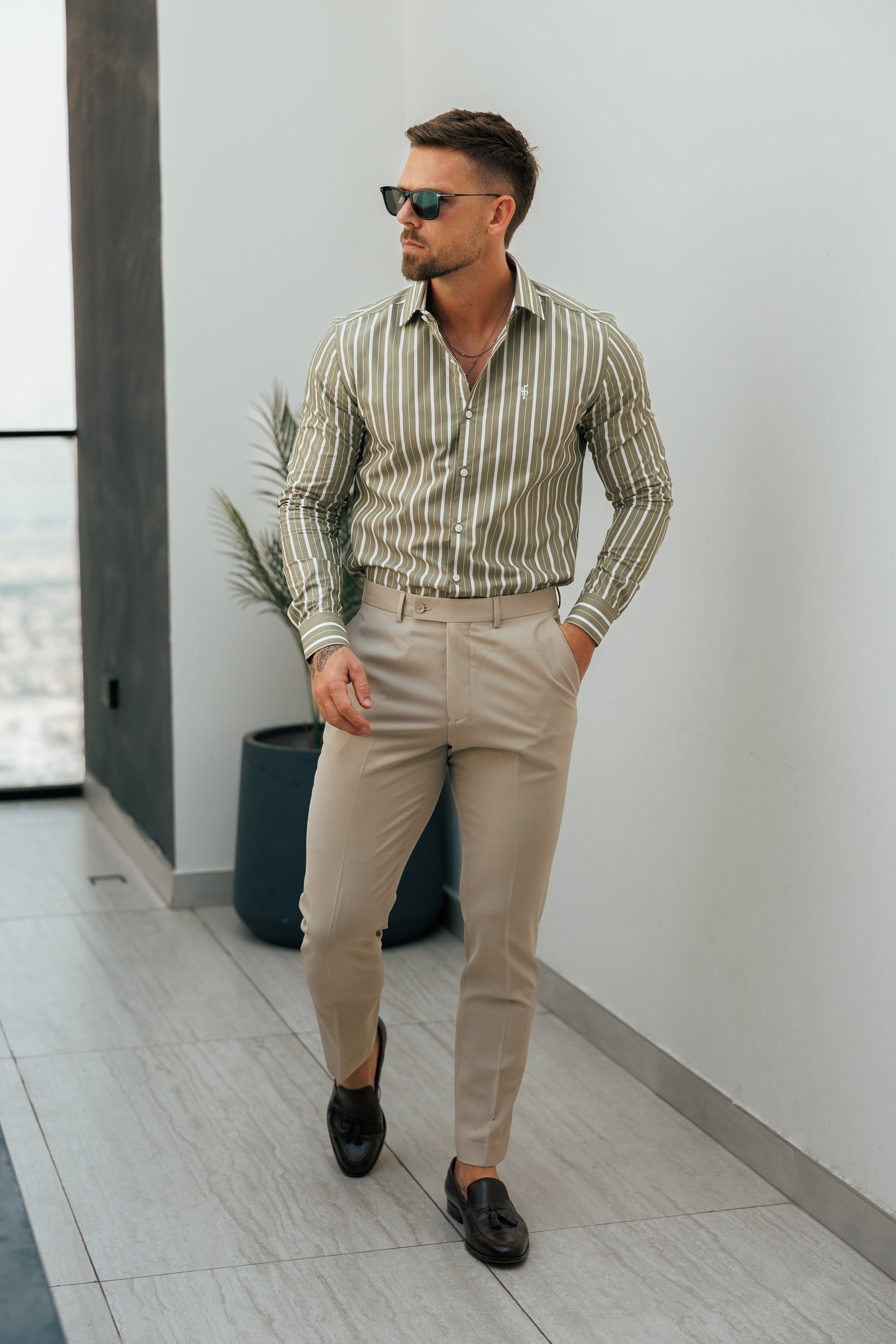 Father Sons Classic Sage Green / White Stripe Long Sleeve with Cutaway Collar - FS1176