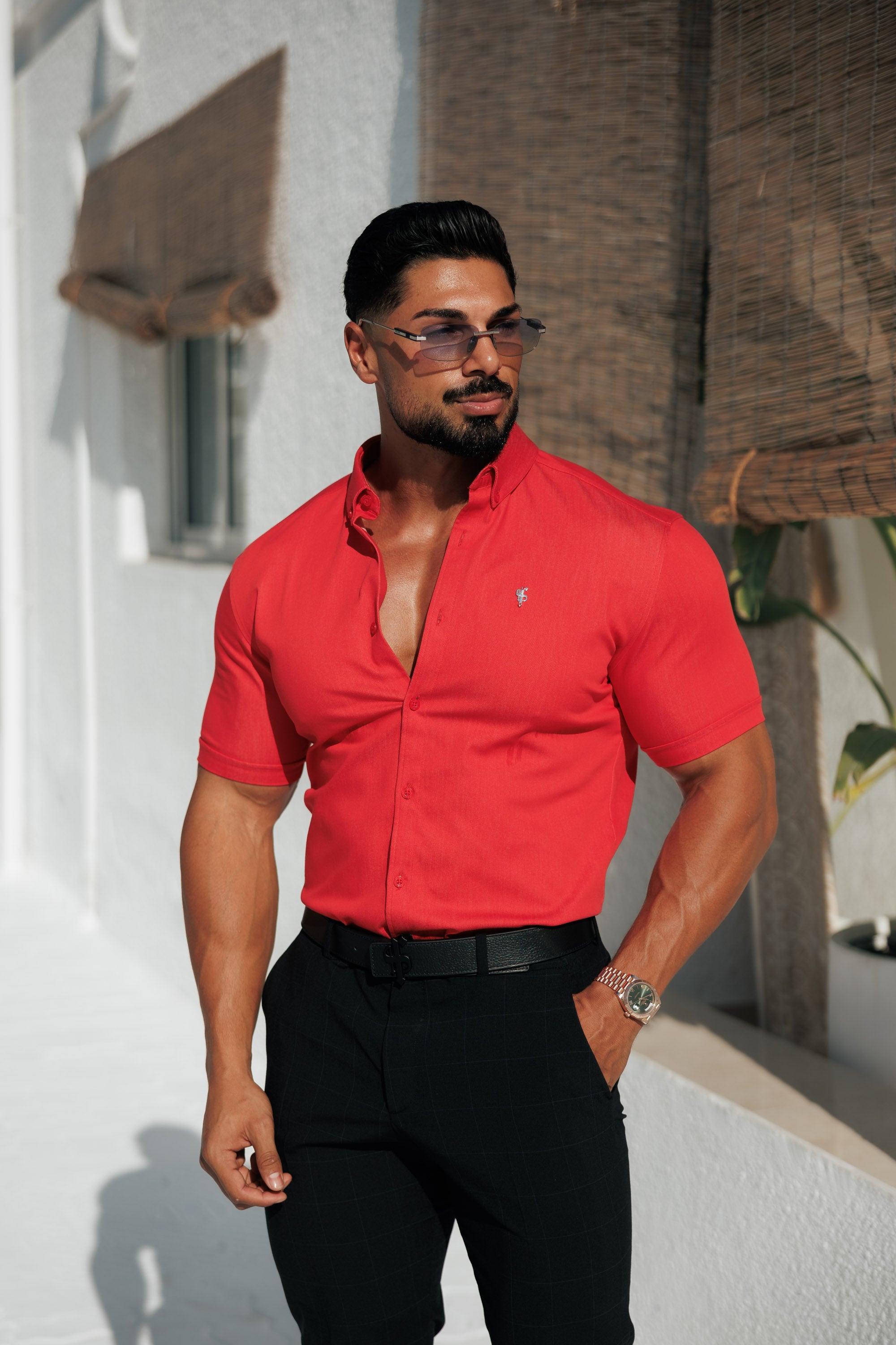 Super Slim Stretch Postbox Red Denim Short Sleeve with Button Down Collar - FS1135