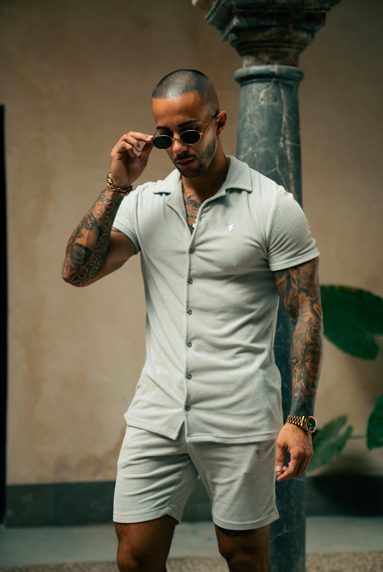 Light Grey Towelling Revere Shirt Short Sleeve - FSH1497