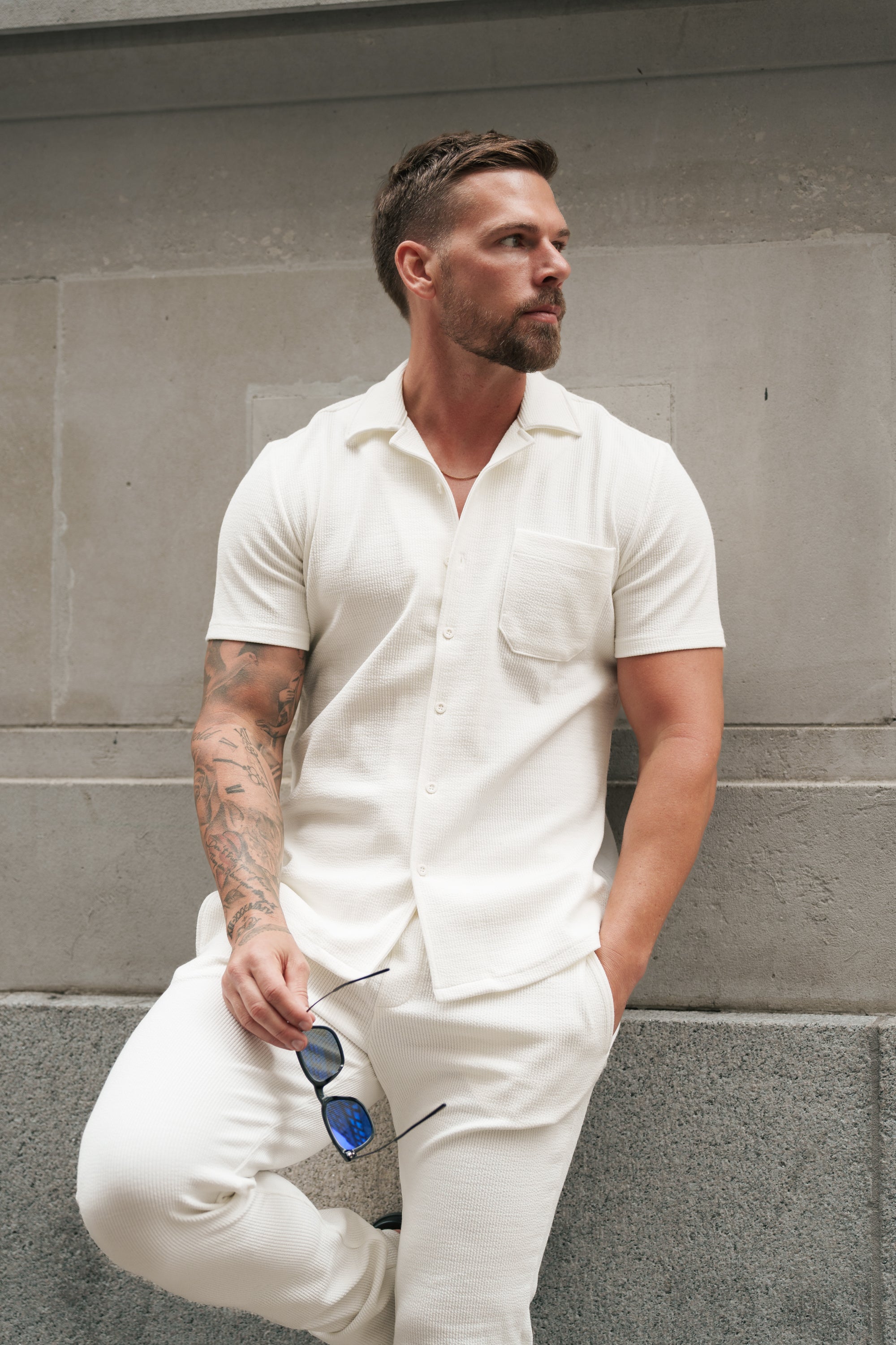 Jersey Cord Stretch White Revere Shirt Short Sleeve - FSR017