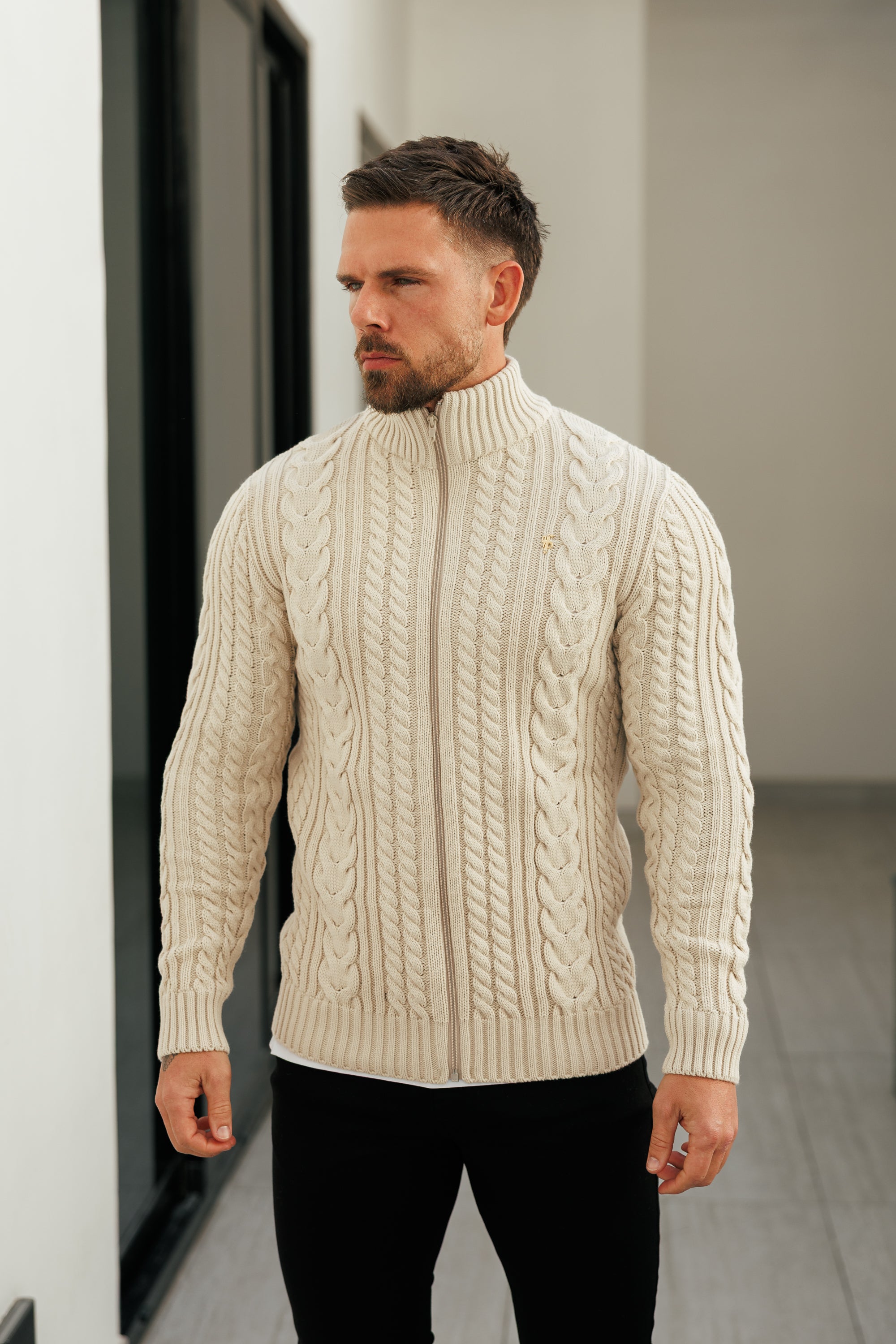 Chunky Zipped Cardigan Beige -  FSJ150