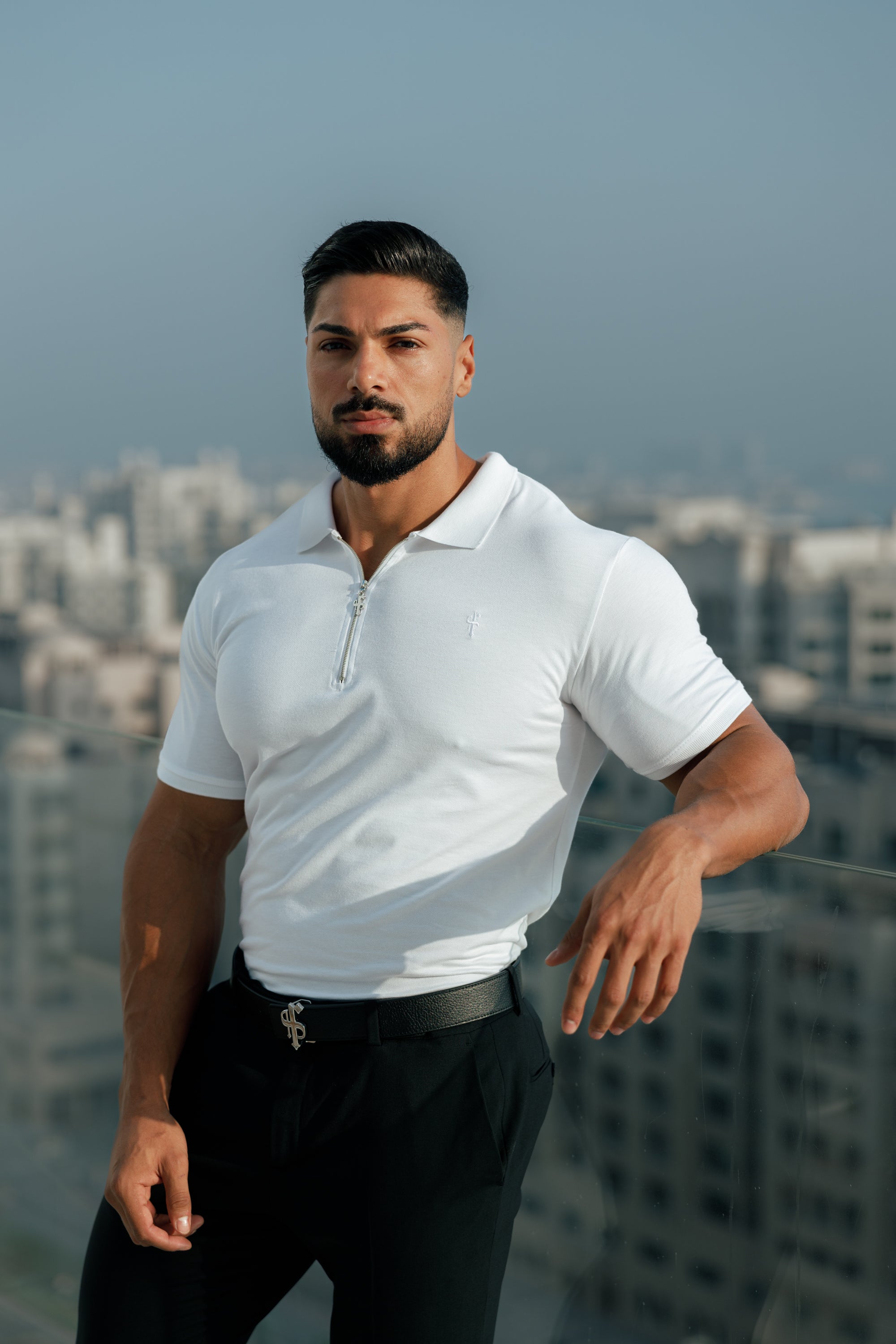 Classic White and Silver Zipped Polo Shirt - FSH853