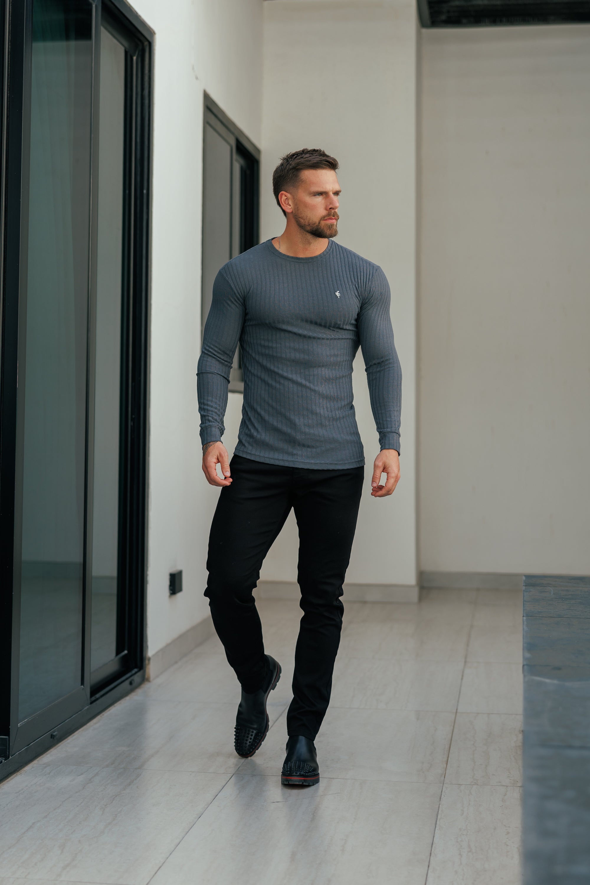 Father Sons Classic Charcoal Ribbed Knit Sweater With Silver Metal Emblem - FSH947