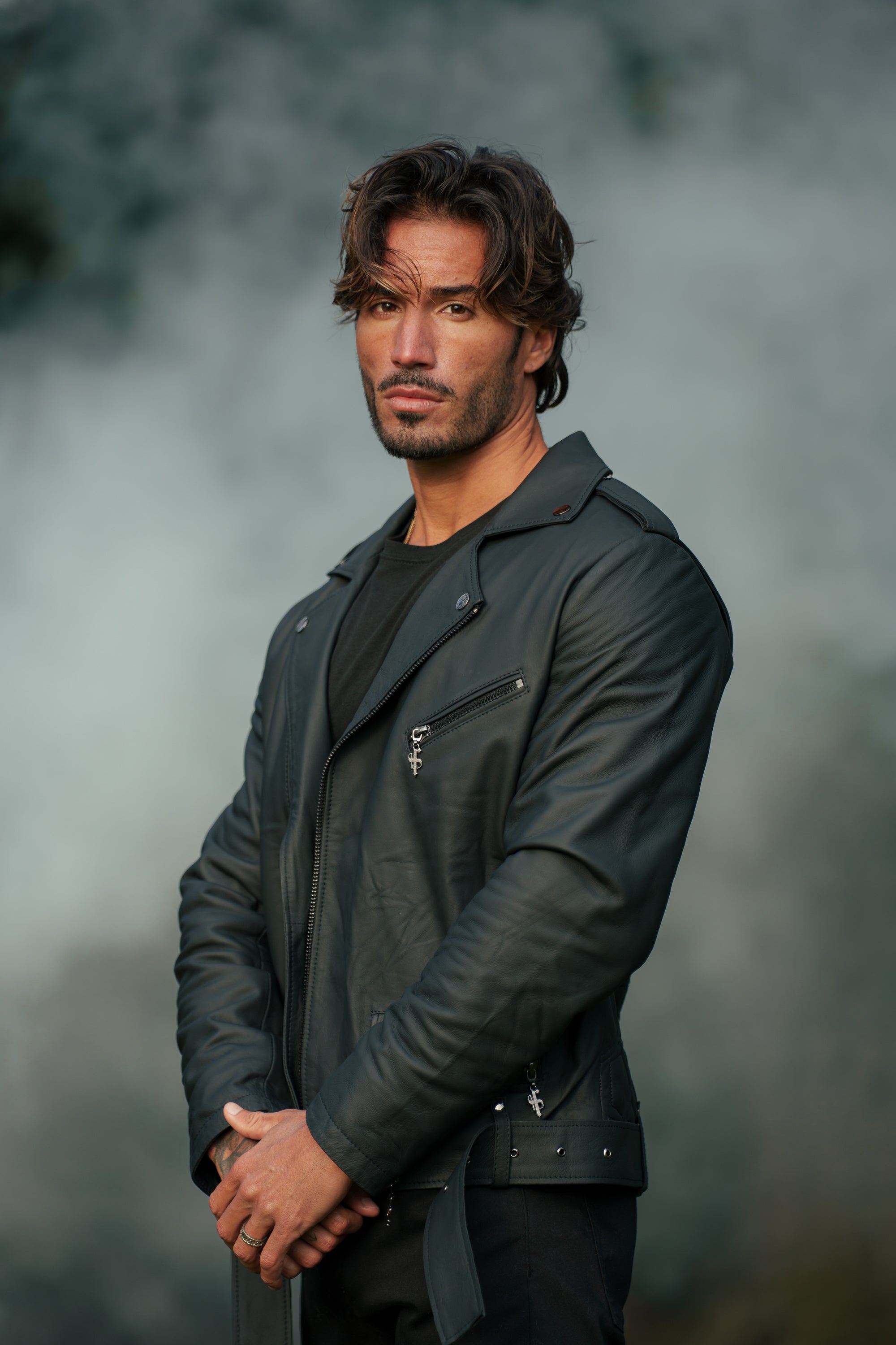 Black Leather Jacket with Belt Detail - FSH313