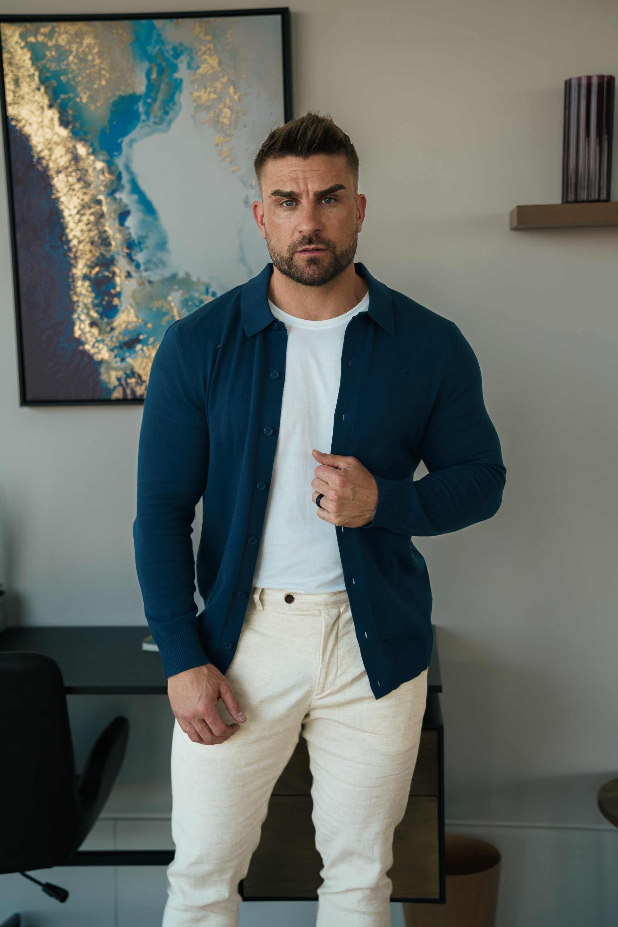 Classic Plain New Navy Knitted Button Through Polo Long Sleeve Sleeve - FSN212