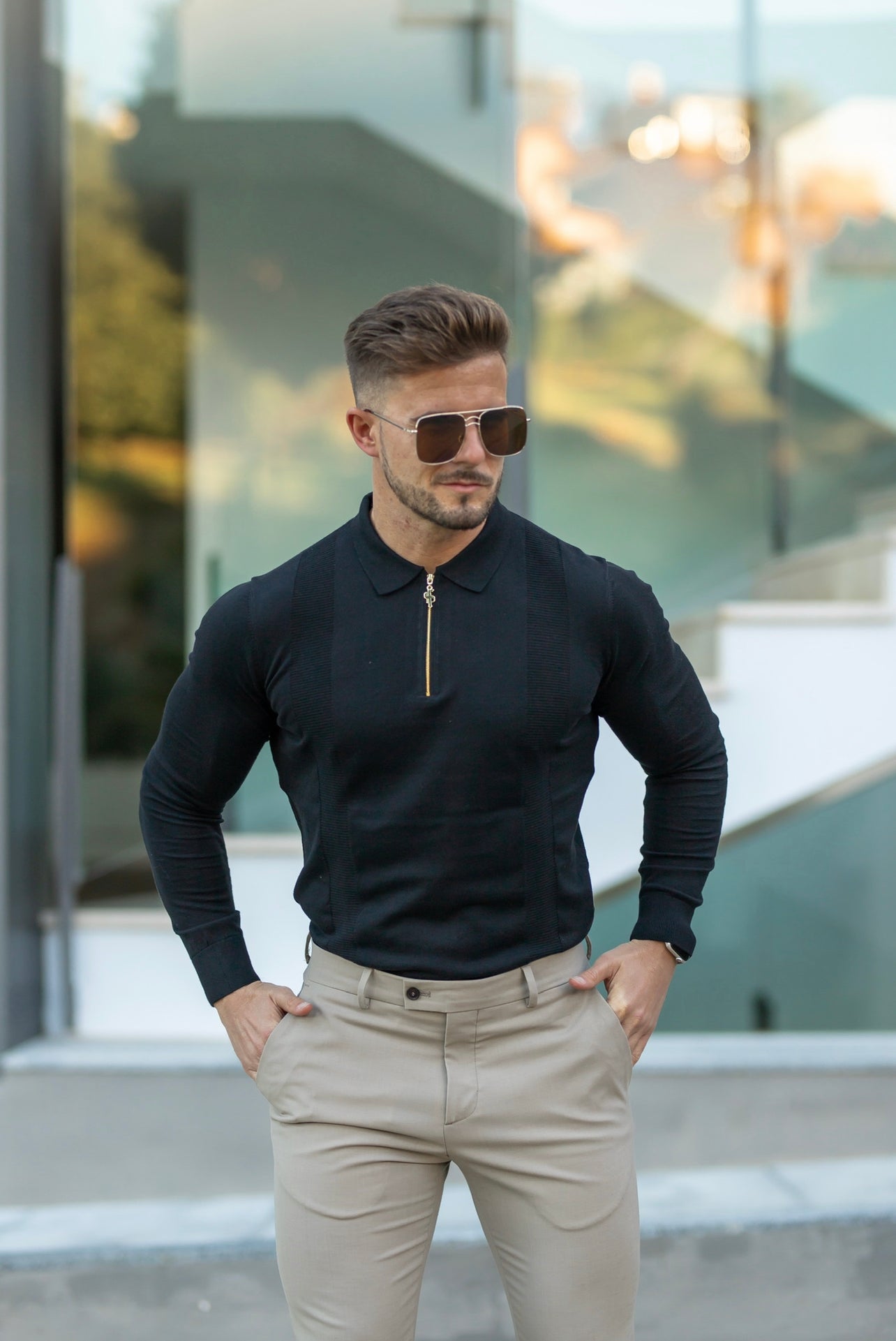 Classic Black and Gold Zip Knitted Polo Shirt Long Sleeve - FSN126