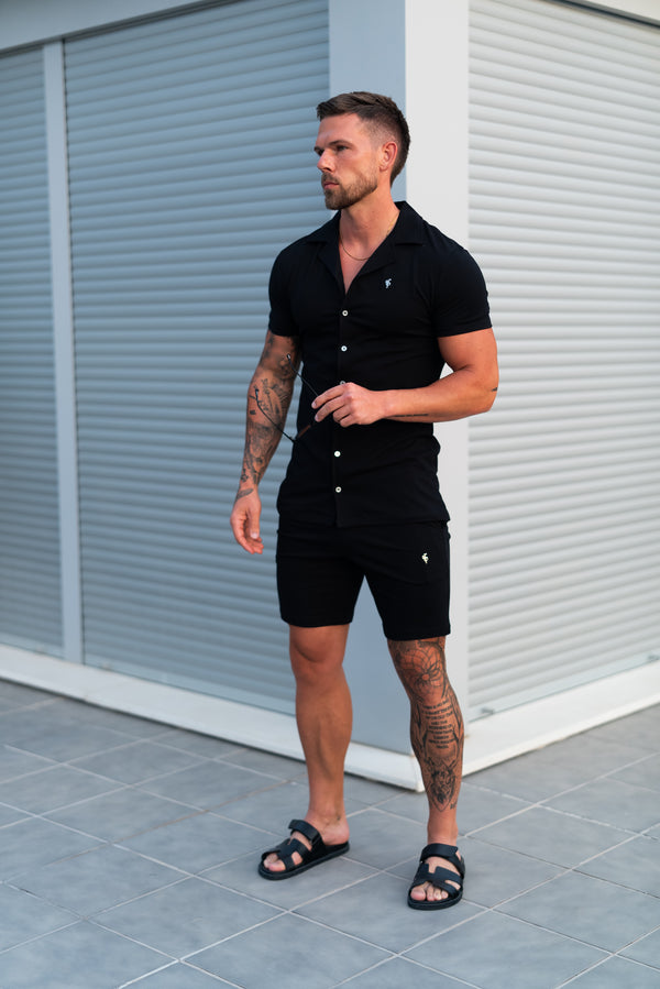 Father Sons Stretch Black / Silver Pique Revere Shirt Short Sleeve - FSH1355