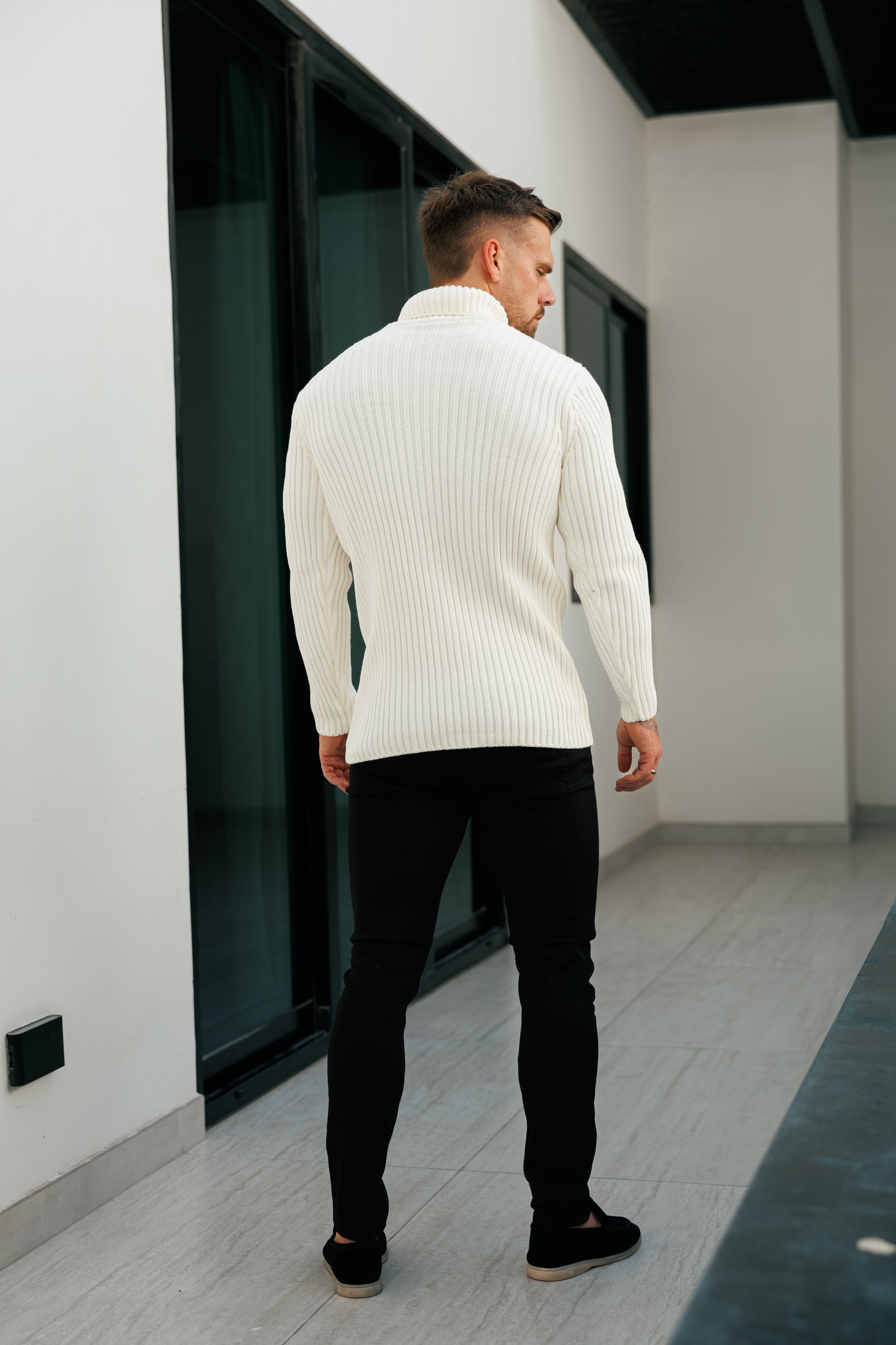 Ribbed Knit Cream Roll Neck Jumper - FSJ114