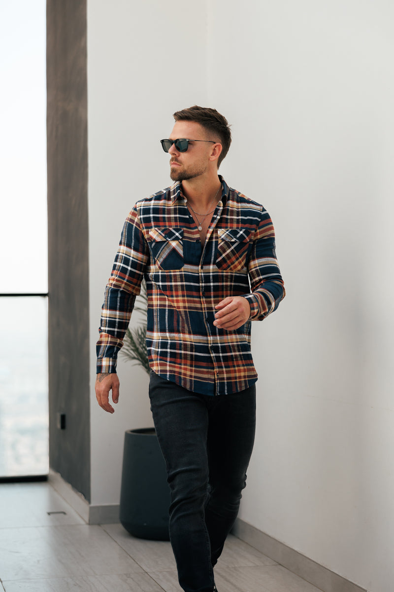 Father Sons Navy / Tan Check Shacket With Double Pockets - FS1197