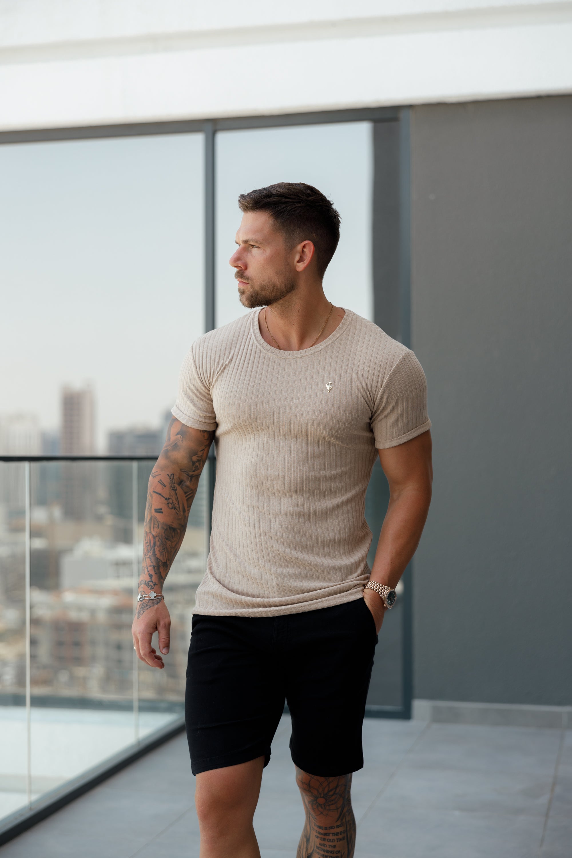 Classic Beige / Gold Ribbed Knit Super Slim Short Sleeve Crew - FSH1088