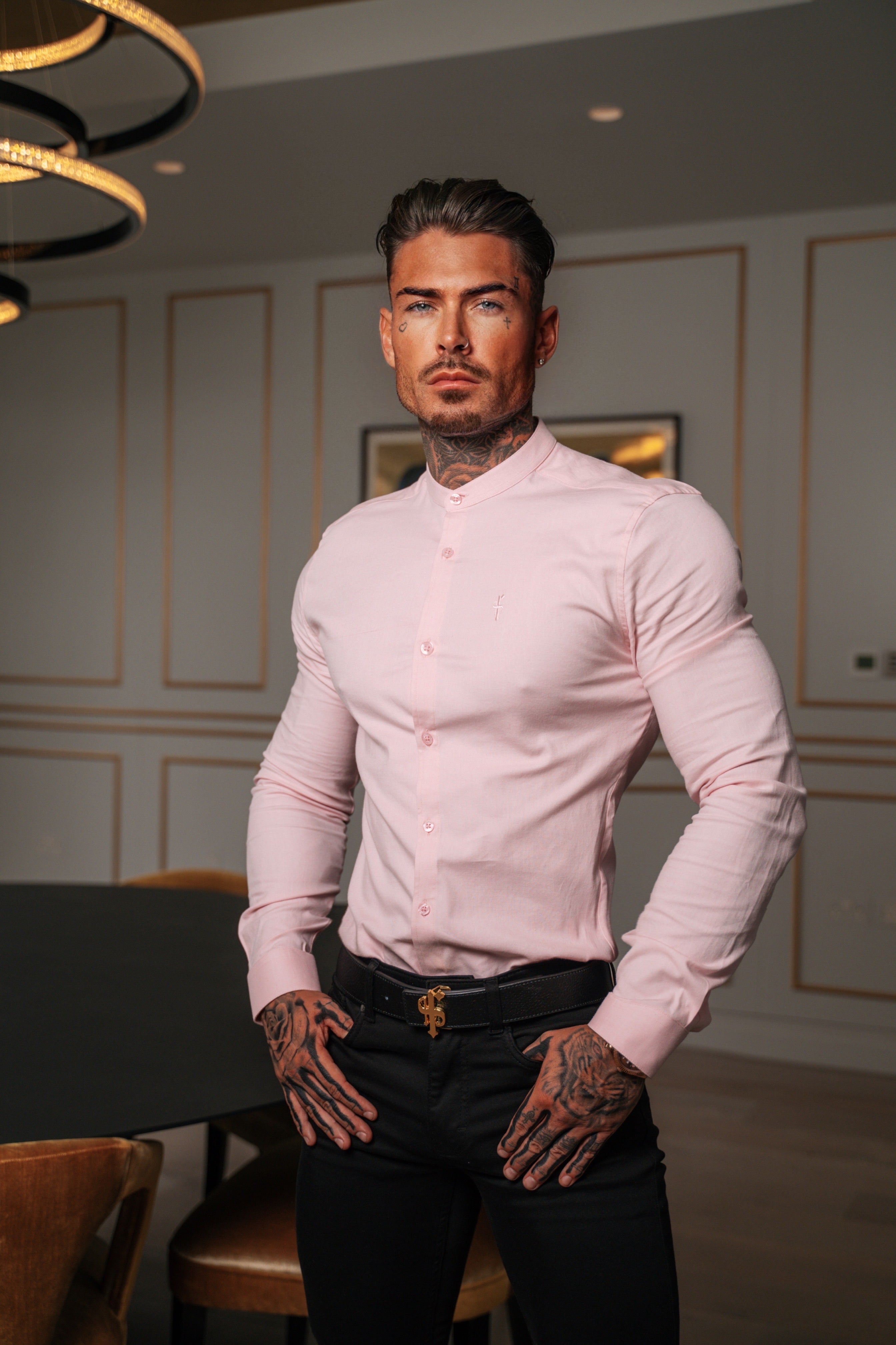 Super Slim Stretch Classic Oxford Pink Grandad Collar Long Sleeve - FS952