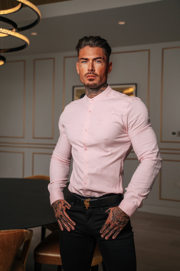 Father Sons Super Slim Stretch Classic Oxford Pink Grandad Collar Long Sleeve - FS952