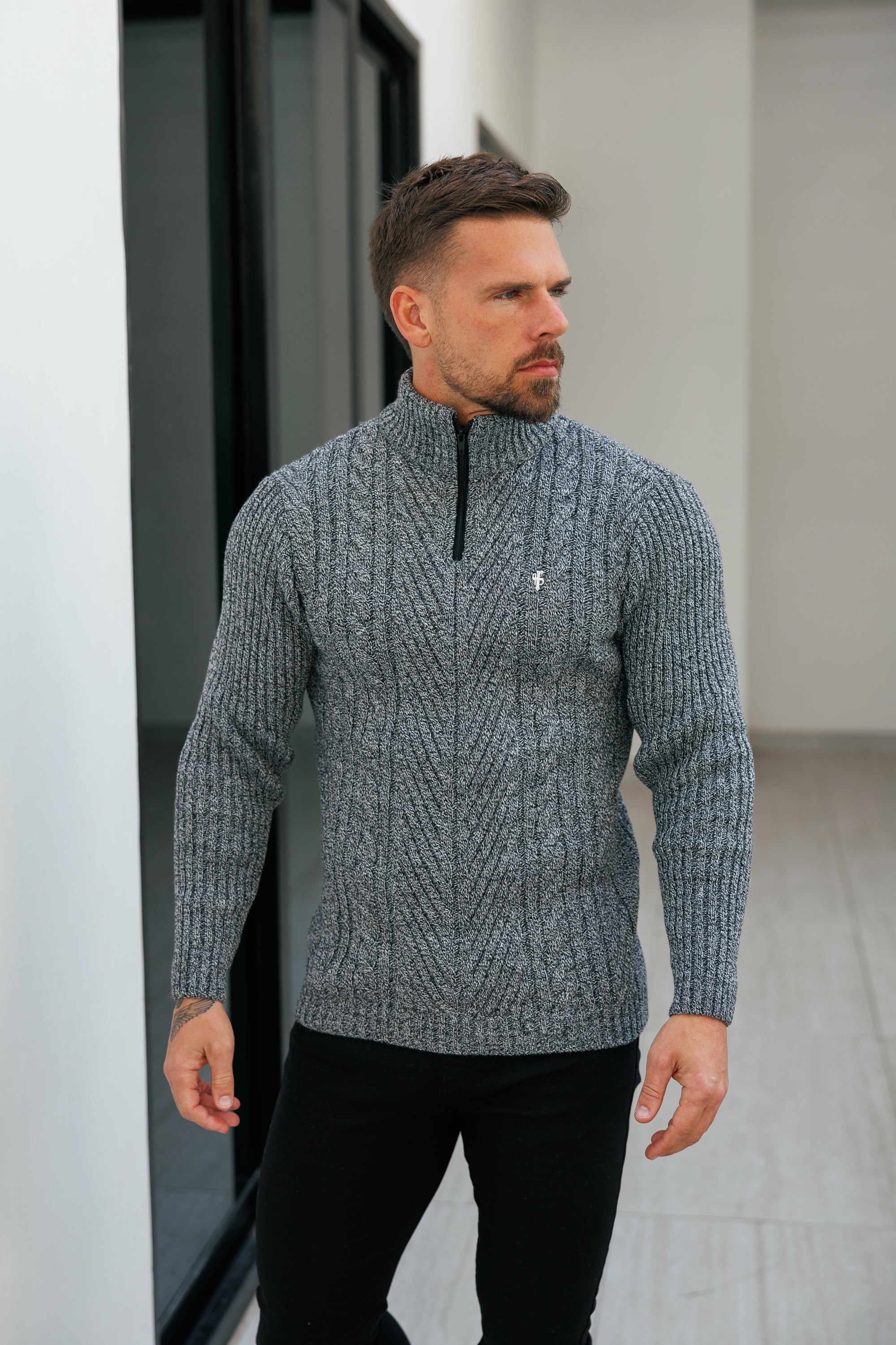 Funnel Neck Jumper with Quarter Zip Black / White Two Tone - FSJ154