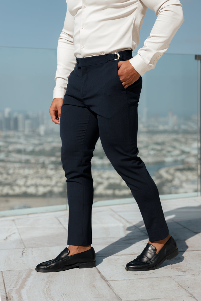 Father Sons Slim Formal Navy Stretch Pants With Gold Waist Adjusters - FST016