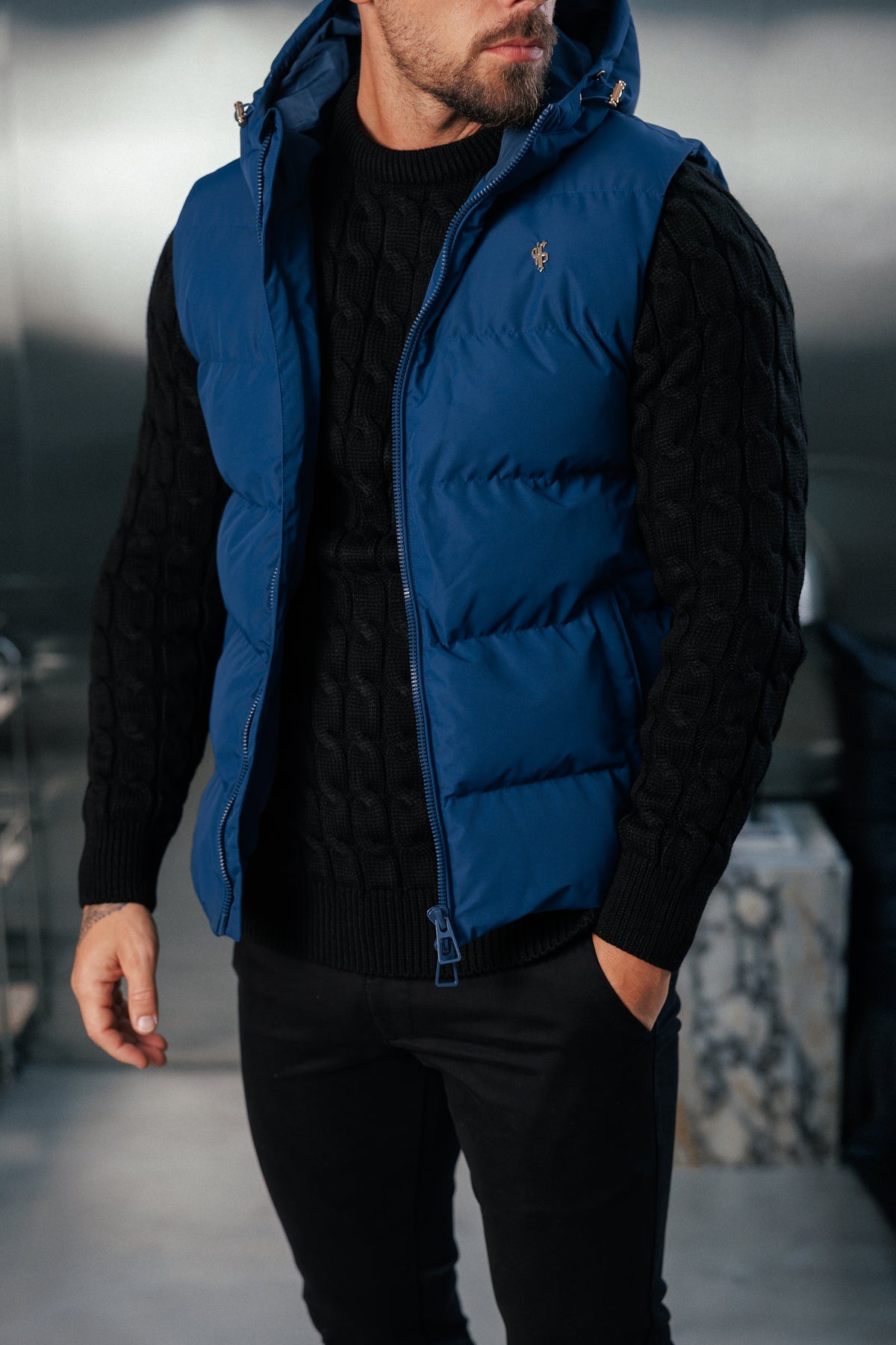 Navy Padded Hooded Gilet - FSN242
