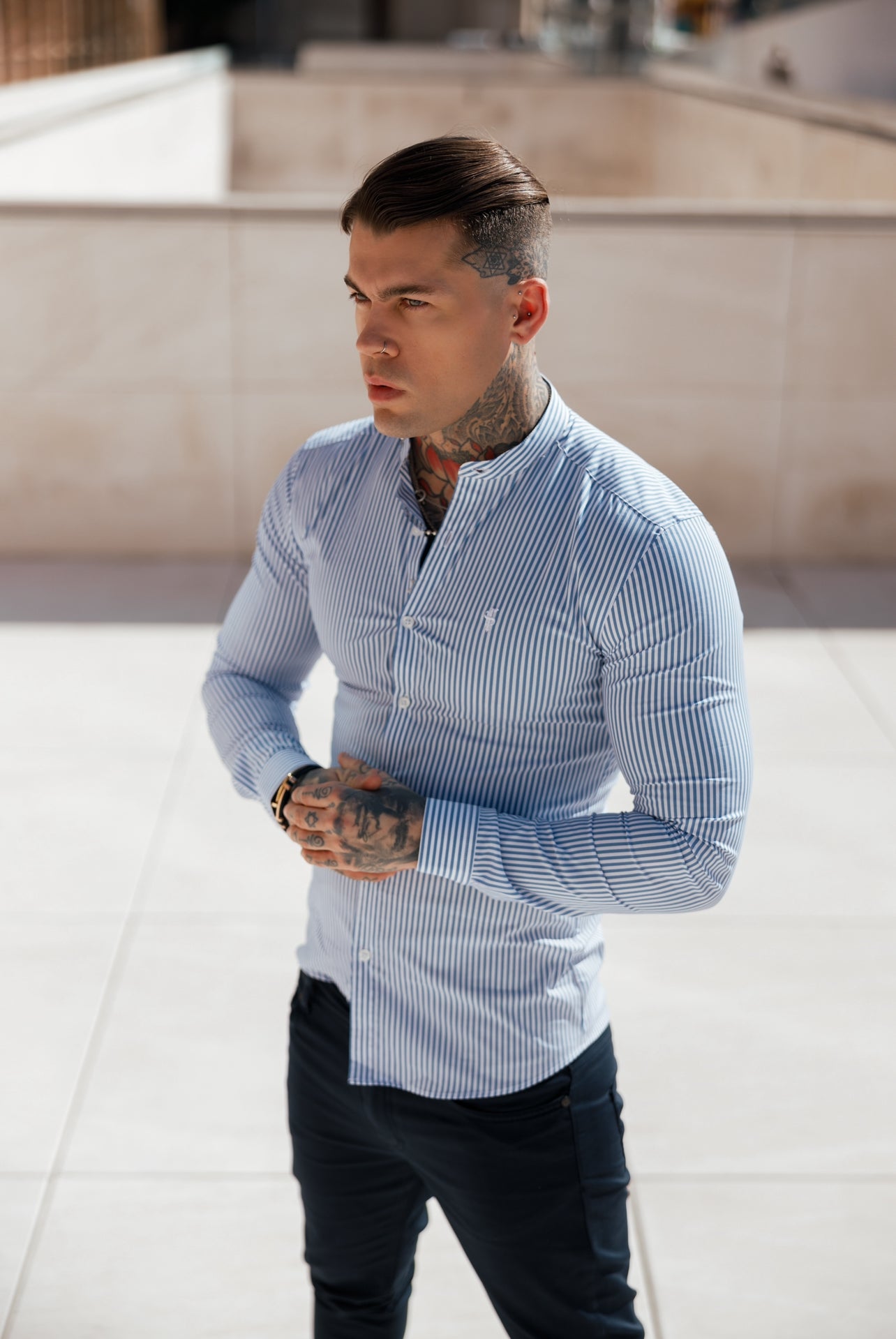 Super Slim Stretch LS Navy & White Stripe with Grandad Collar -  FS1113