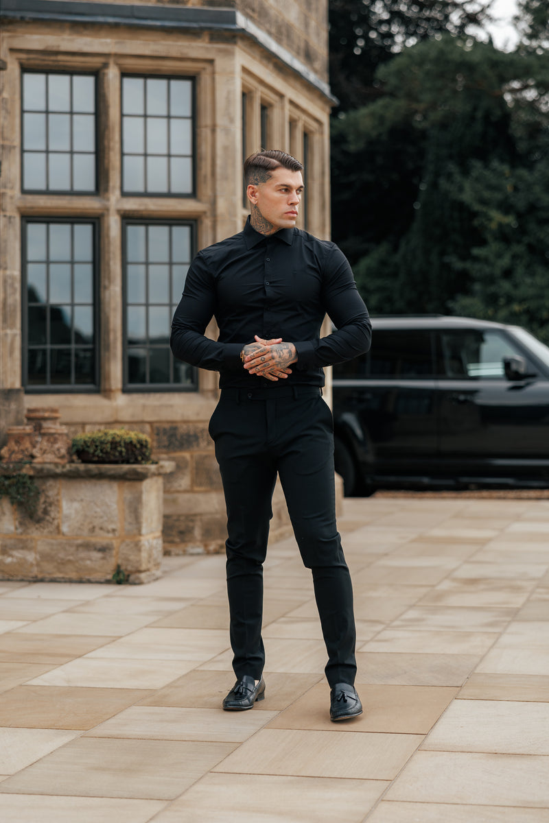 Father Sons Muscle Fit Advanced Stretch Black Cutaway Collar Shirt  - FS1164