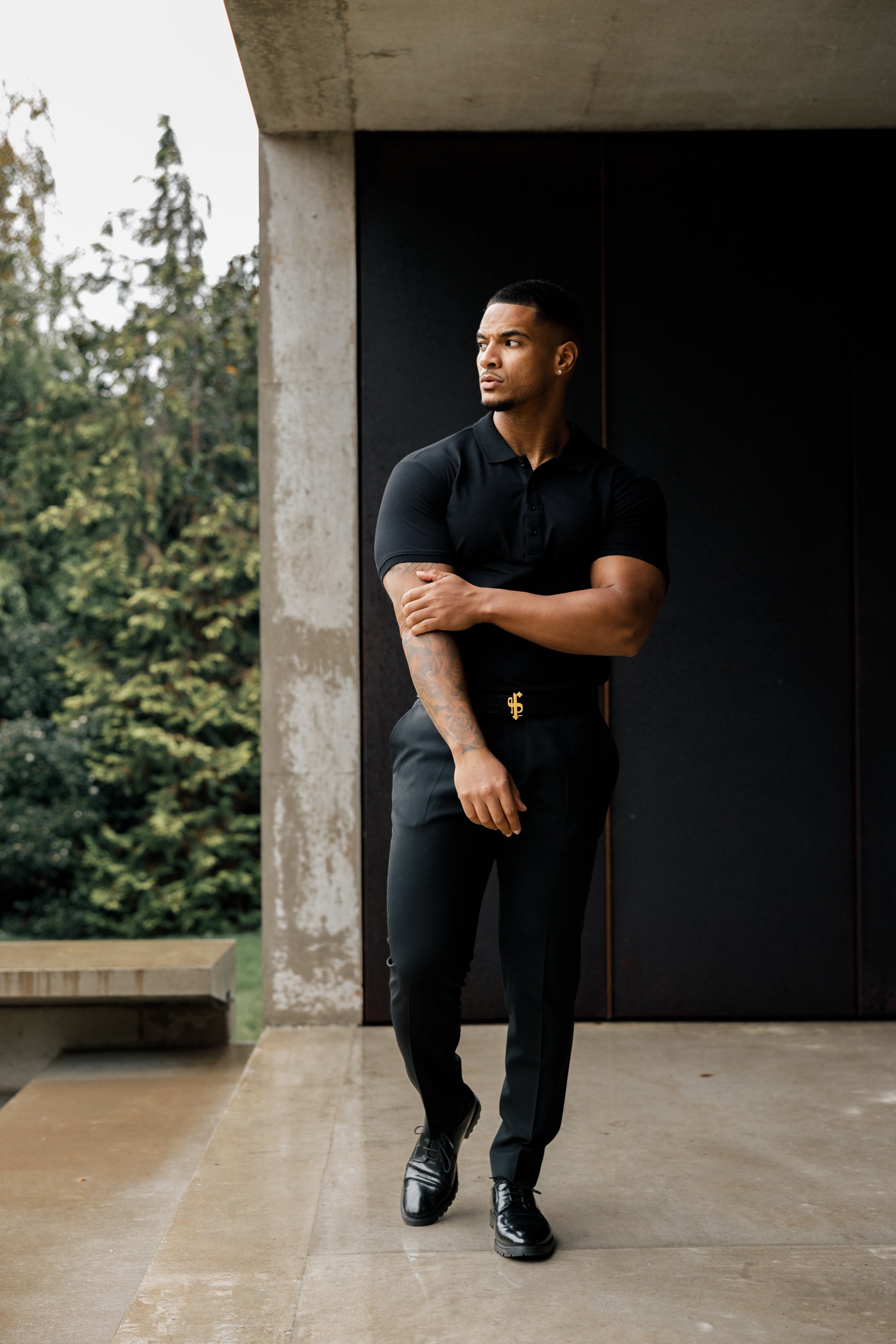 Classic Black Polo Shirt with Tonal Button and Embroidery - FSH824