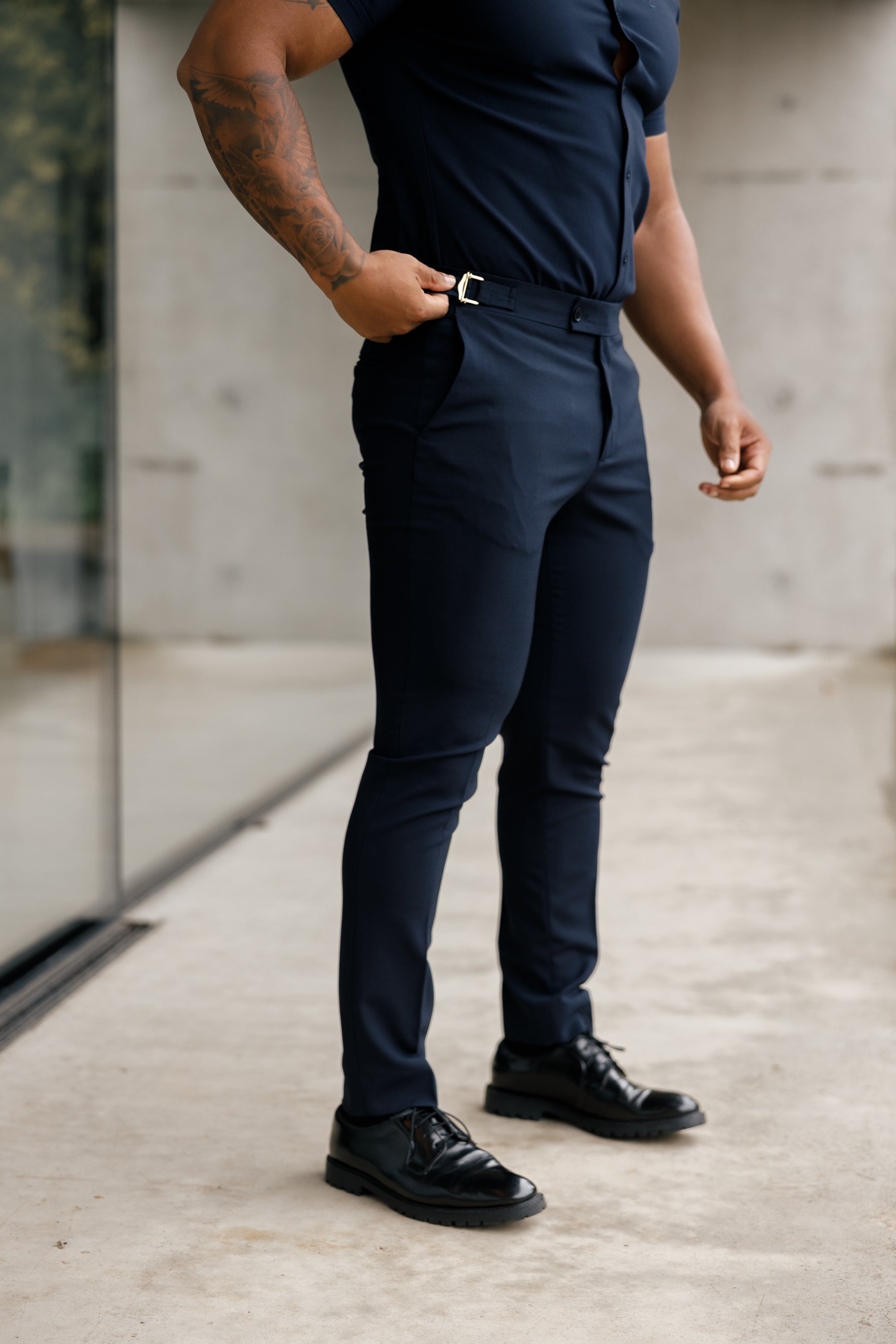 Father Sons Slim Formal Navy Stretch Pants With Gold Waist Adjusters - FST016