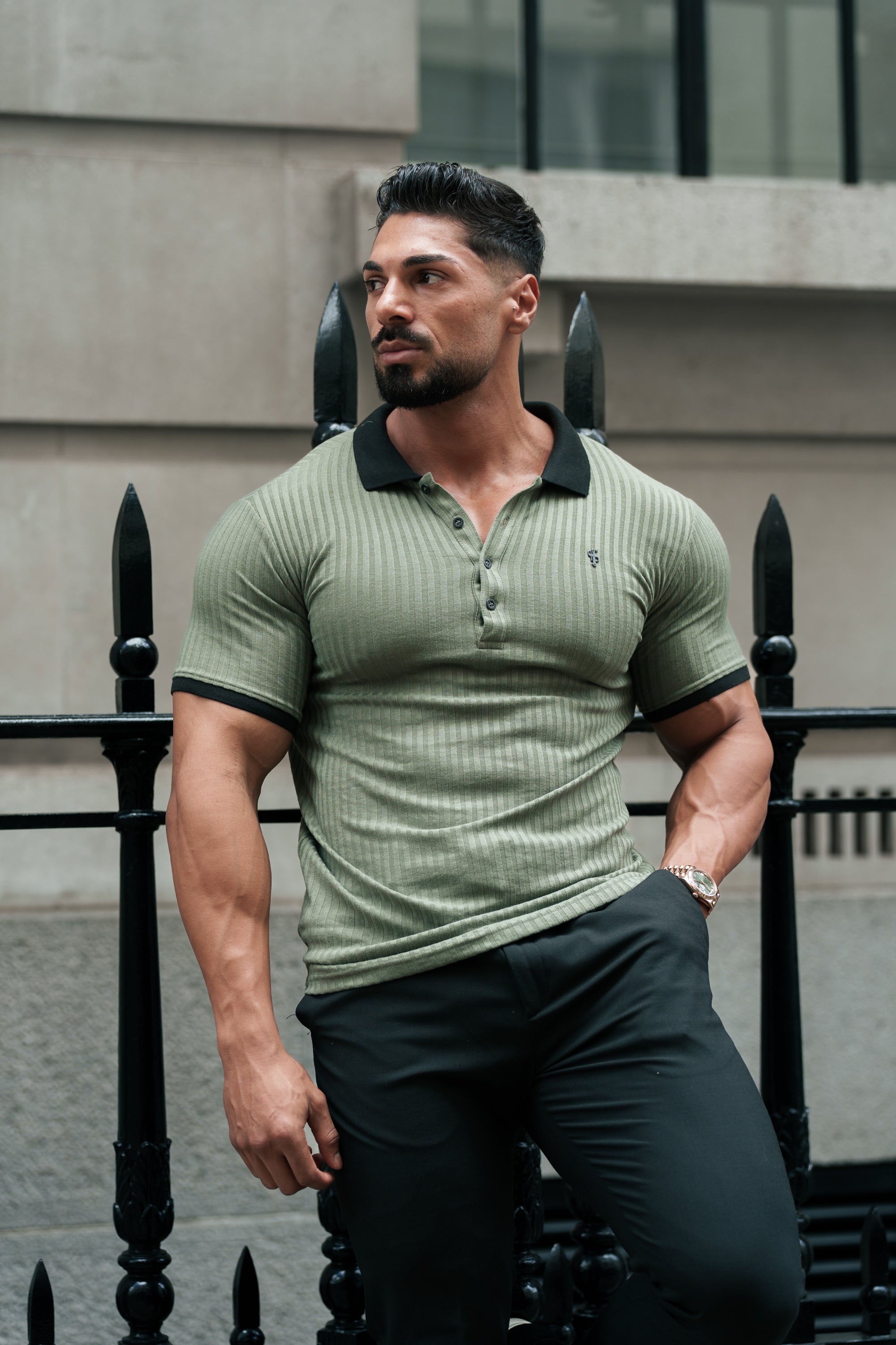 Olive Ribbed Polo Shirt Short Sleeve - FSH1371P
