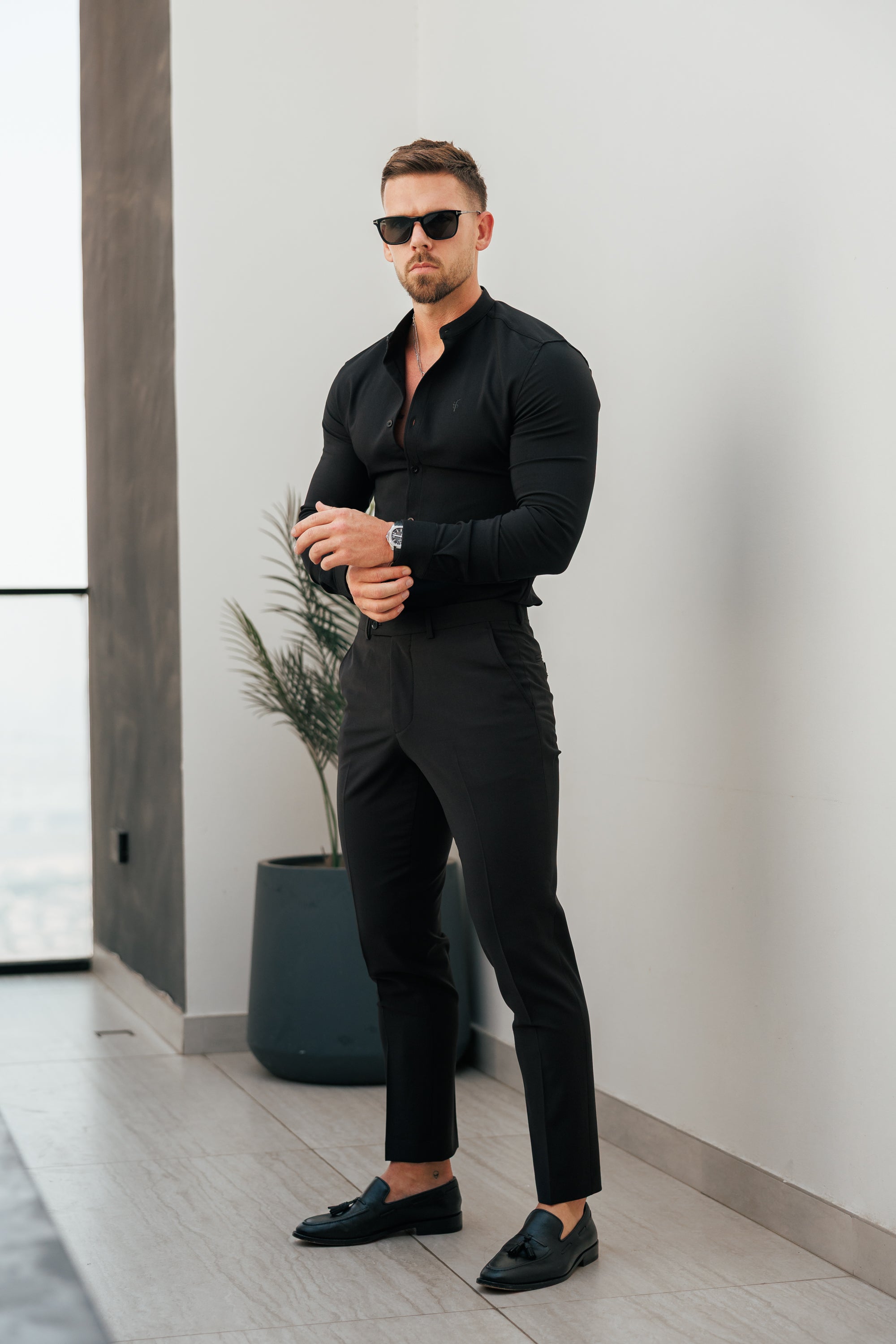 Super Slim Scuba Black Long Sleeve Stretch with Grandad Collar - FS1171