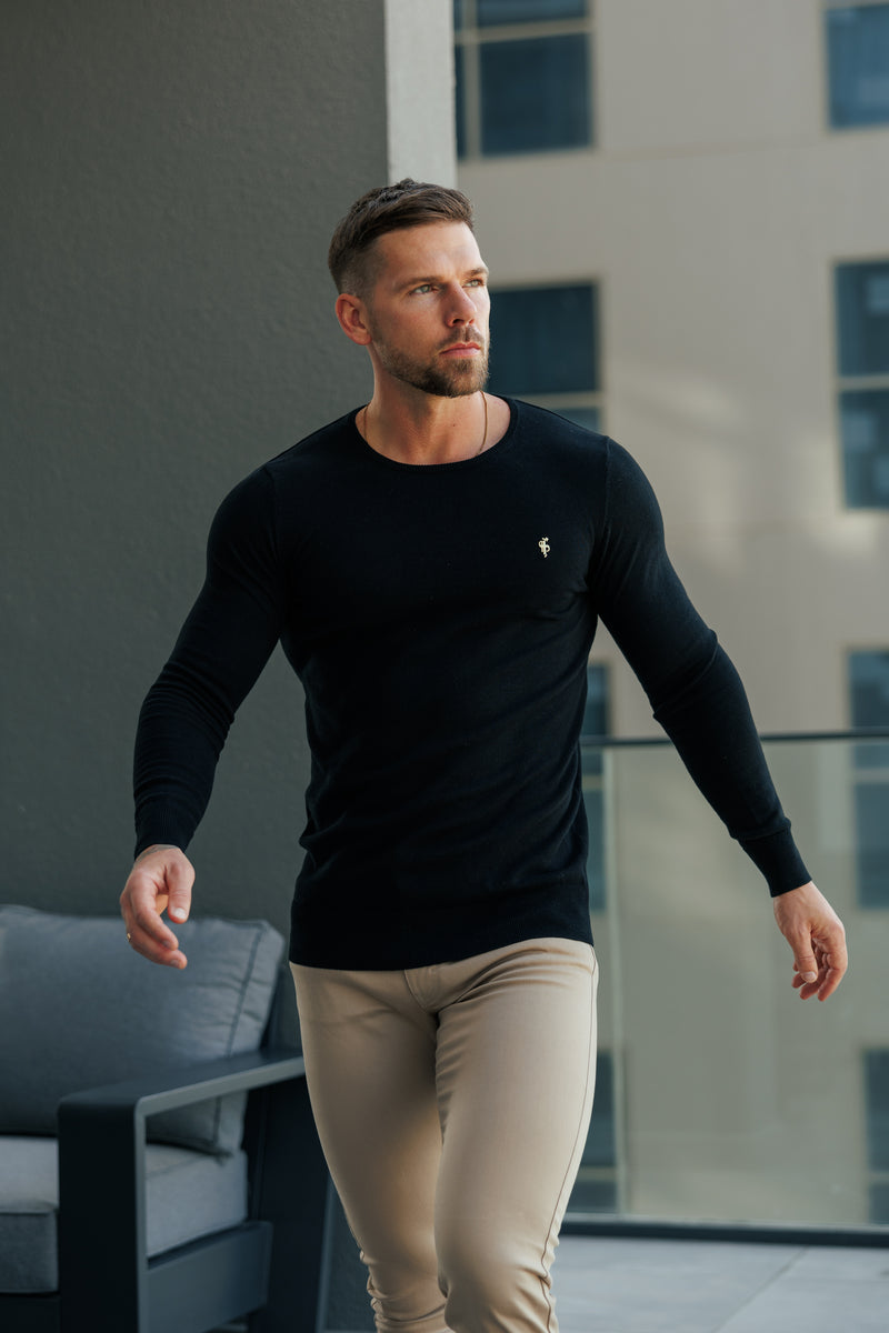 FS Black Crew Neck Knitted Jumper With FS Branding -  FSN194