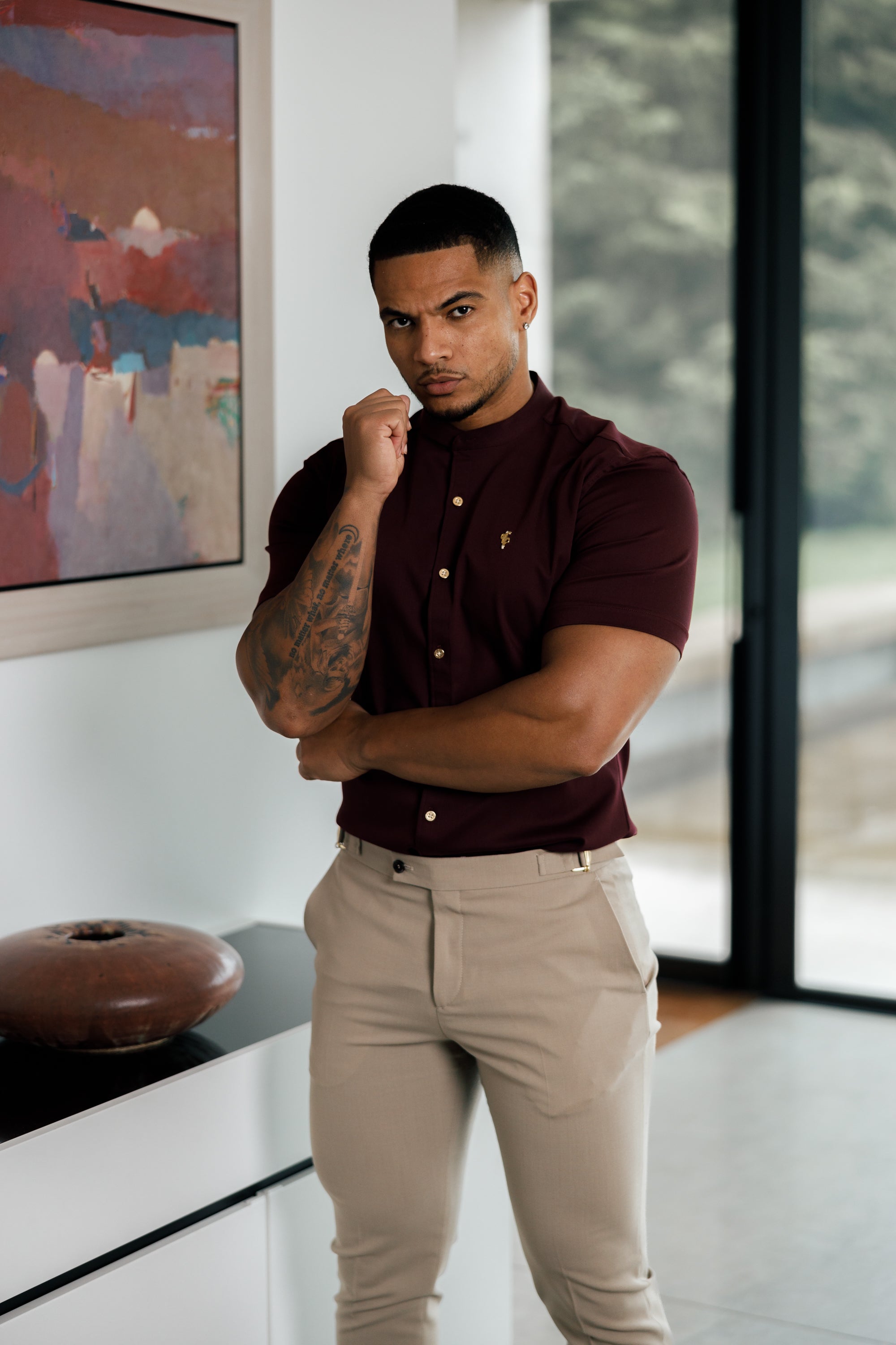 Super Slim Stretch Burgundy Denim Short Sleeve Grandad collar with Metal Buttons and Decal Emblem - FS722