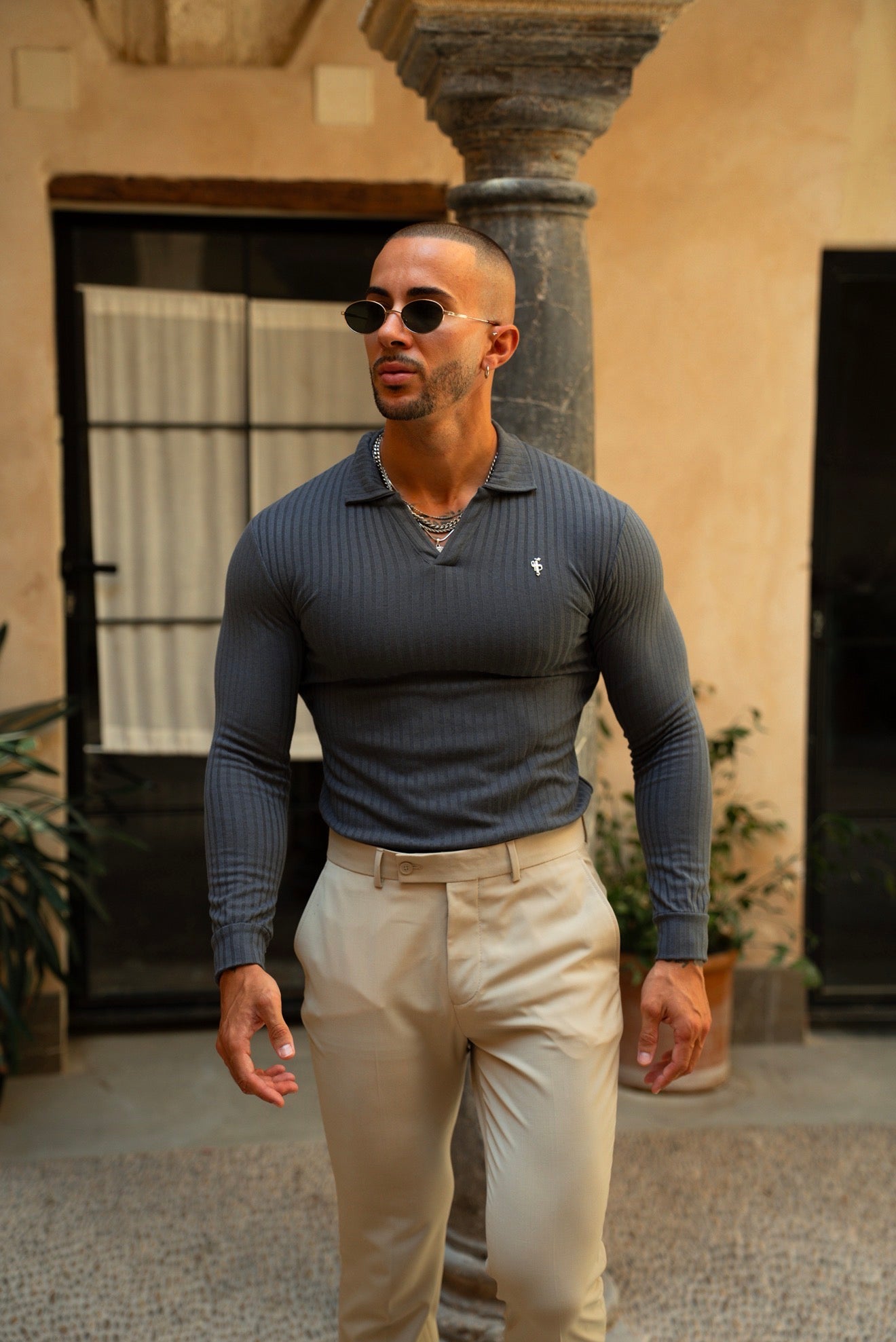Charcoal / Silver Ribbed Revere Polo Shirt Long Sleeve - FSH1462