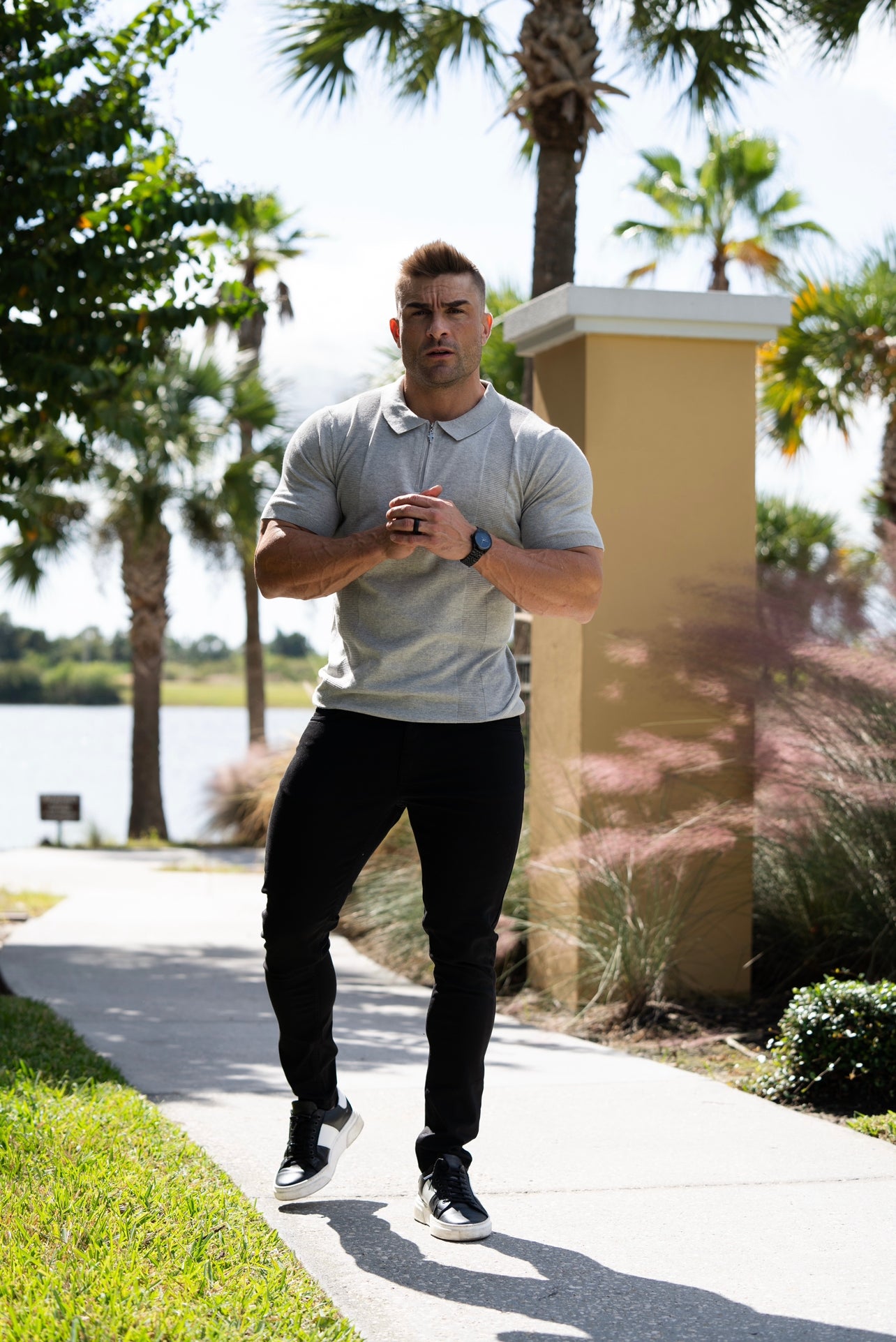 Classic Grey Marl and Silver Zip Knitted Polo Shirt Short Sleeve  - FSN132
