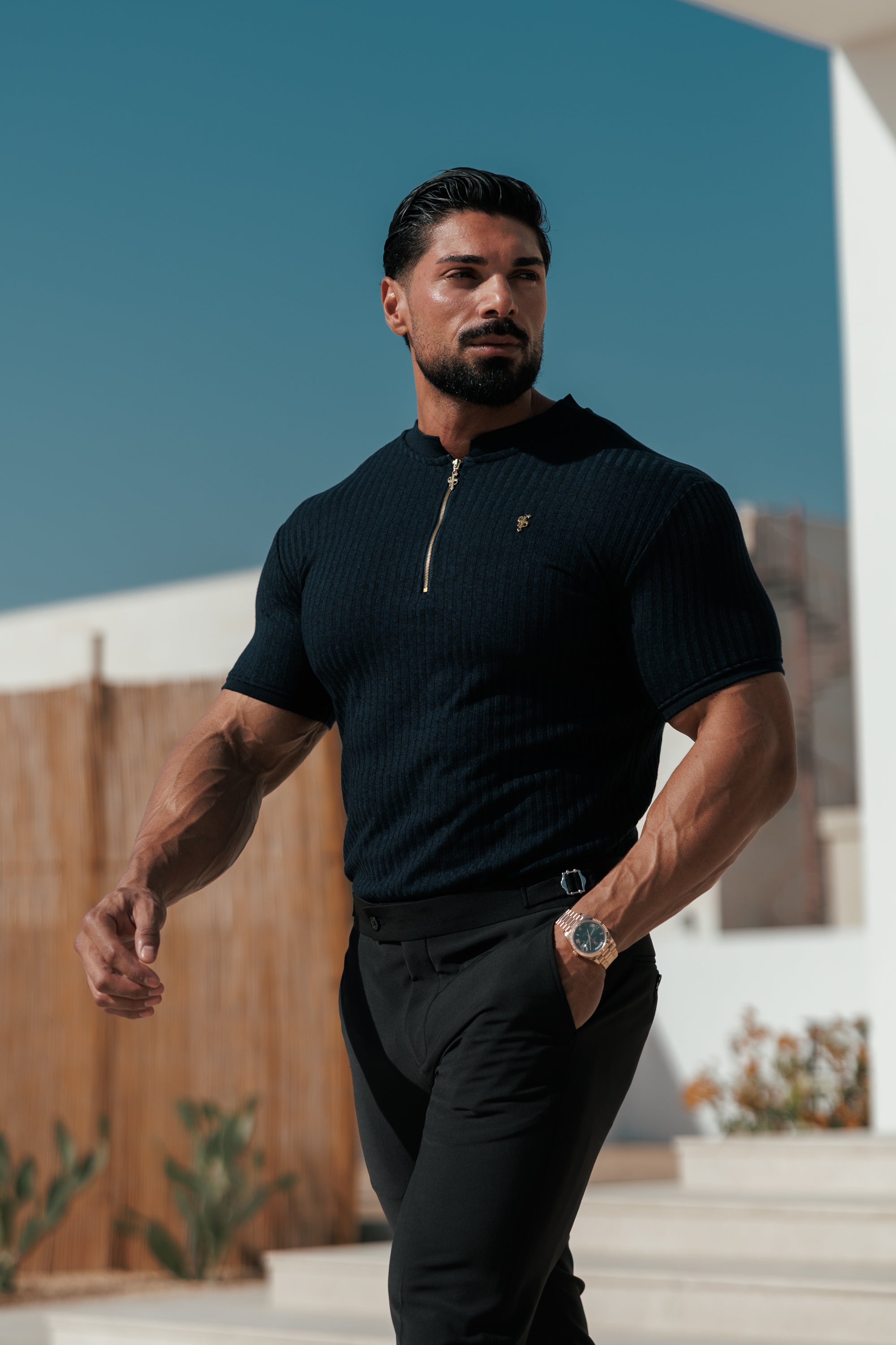 Classic Navy Ribbed Zip Grandad Collar Shirt Short Sleeve - FSH773