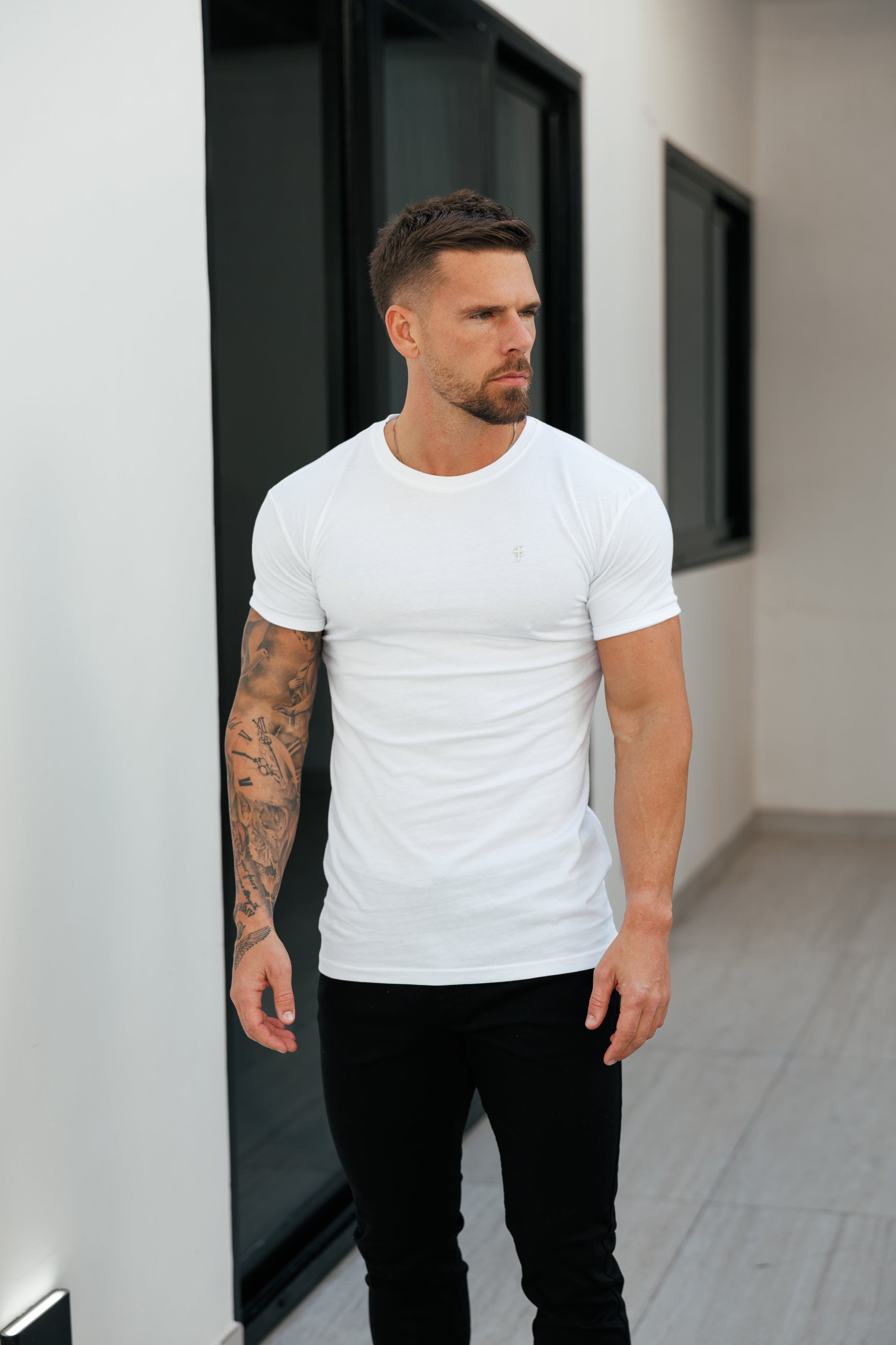 White / Silver Crew T-shirt with Silver Metal Emblem Decal FSH1453