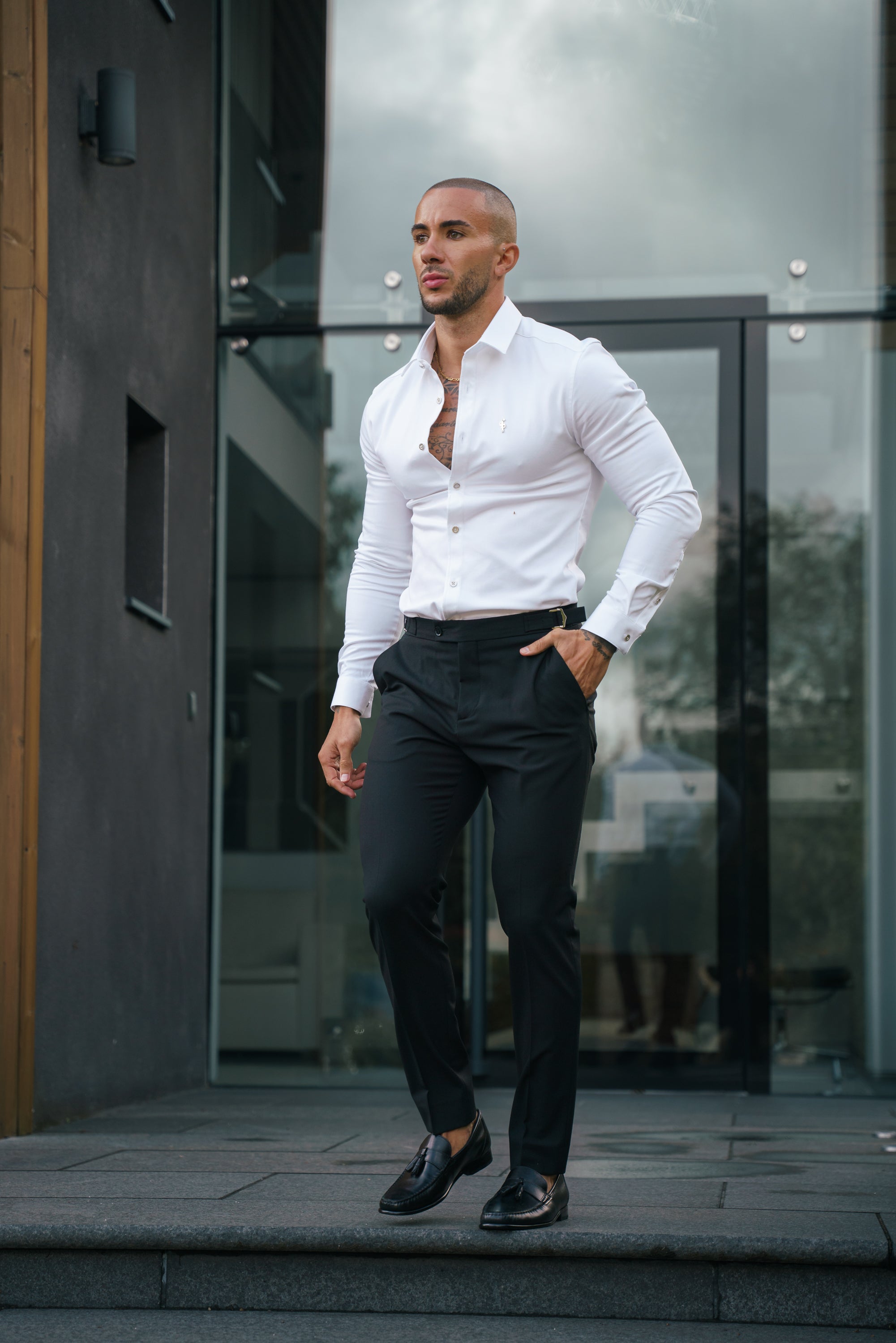 Super Slim Stretch White Denim Long Sleeve with Silver Metal Decal and Buttons - FS1111