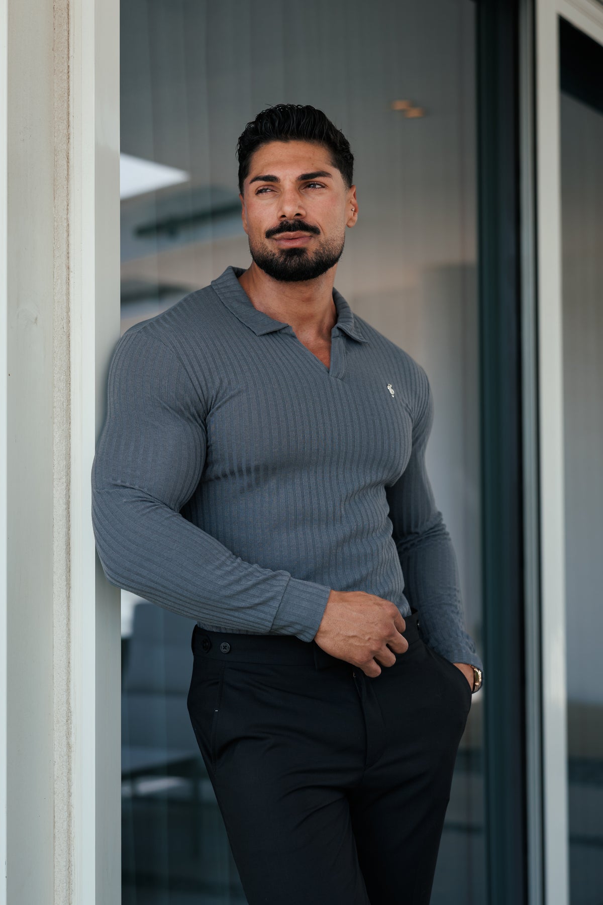 Charcoal / Silver Ribbed Revere Polo Shirt Long Sleeve - FSH1462